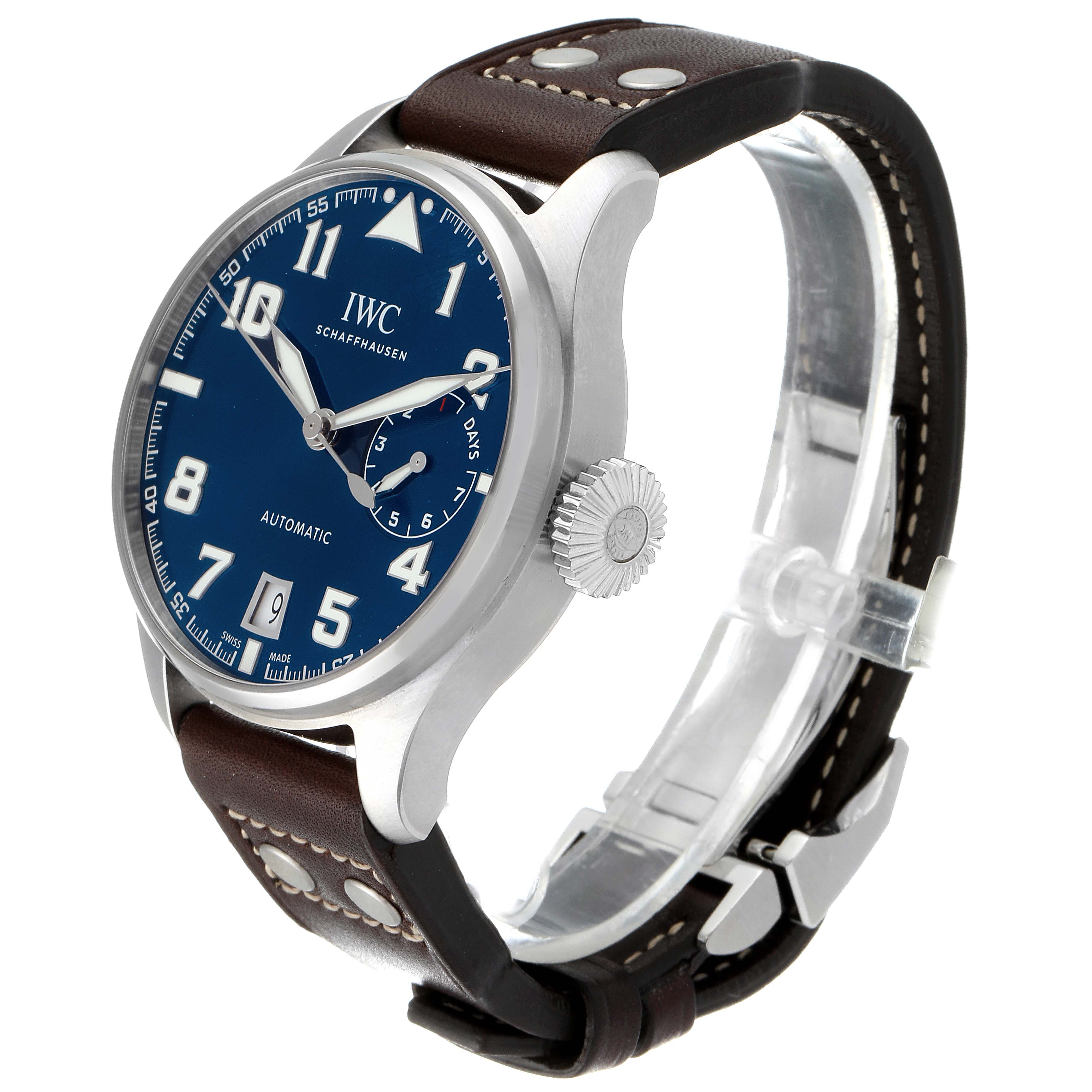 The IWC Pilot IW500908 Men's Stainless Steel Blue Dial IW500908 Men's Stainless Steel Blue Dial watch is shown at an oblique angle highlighting the dial, crown, and leather strap.