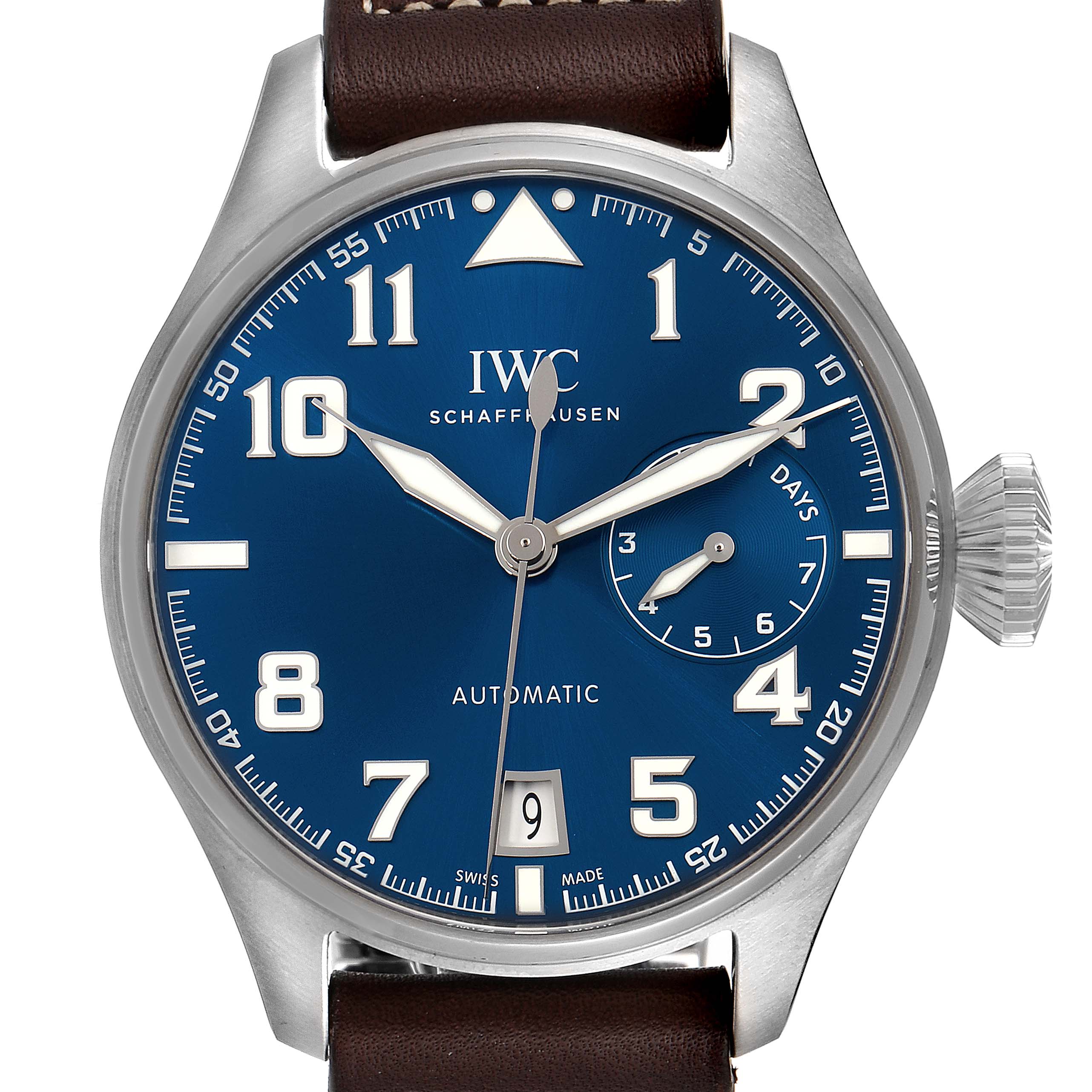 The image shows a front view of the IWC Pilot IW500908 Men's Stainless Steel Blue Dial IW500908 Men's Stainless Steel Blue Dial model watch, featuring a blue dial with Arabic numerals, a date display, and a brown leather strap.