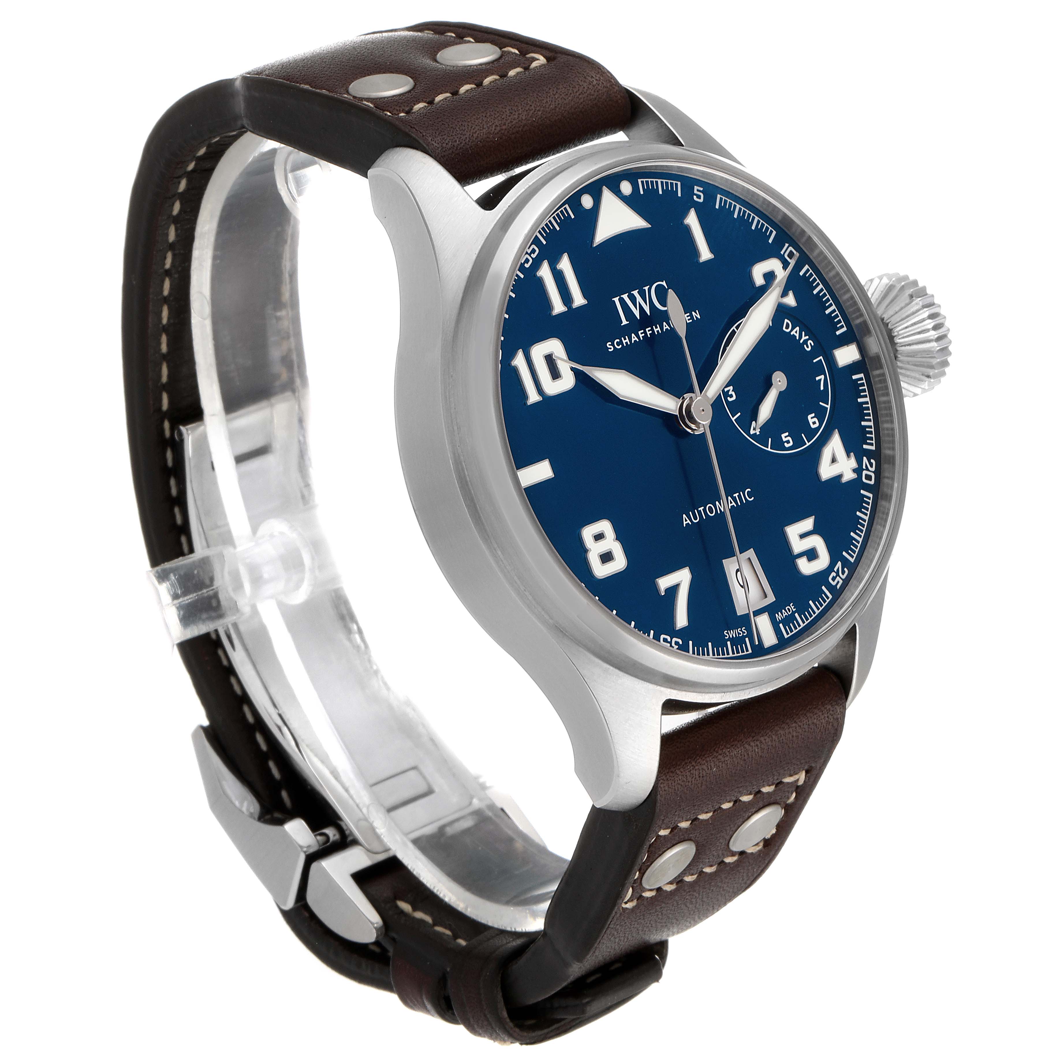 This IWC Pilot IW500908 Men's Stainless Steel Blue Dial IW500908 Men's Stainless Steel Blue Dial model watch is shown at a three-quarter angle, highlighting its blue dial, large crown, and brown leather strap.