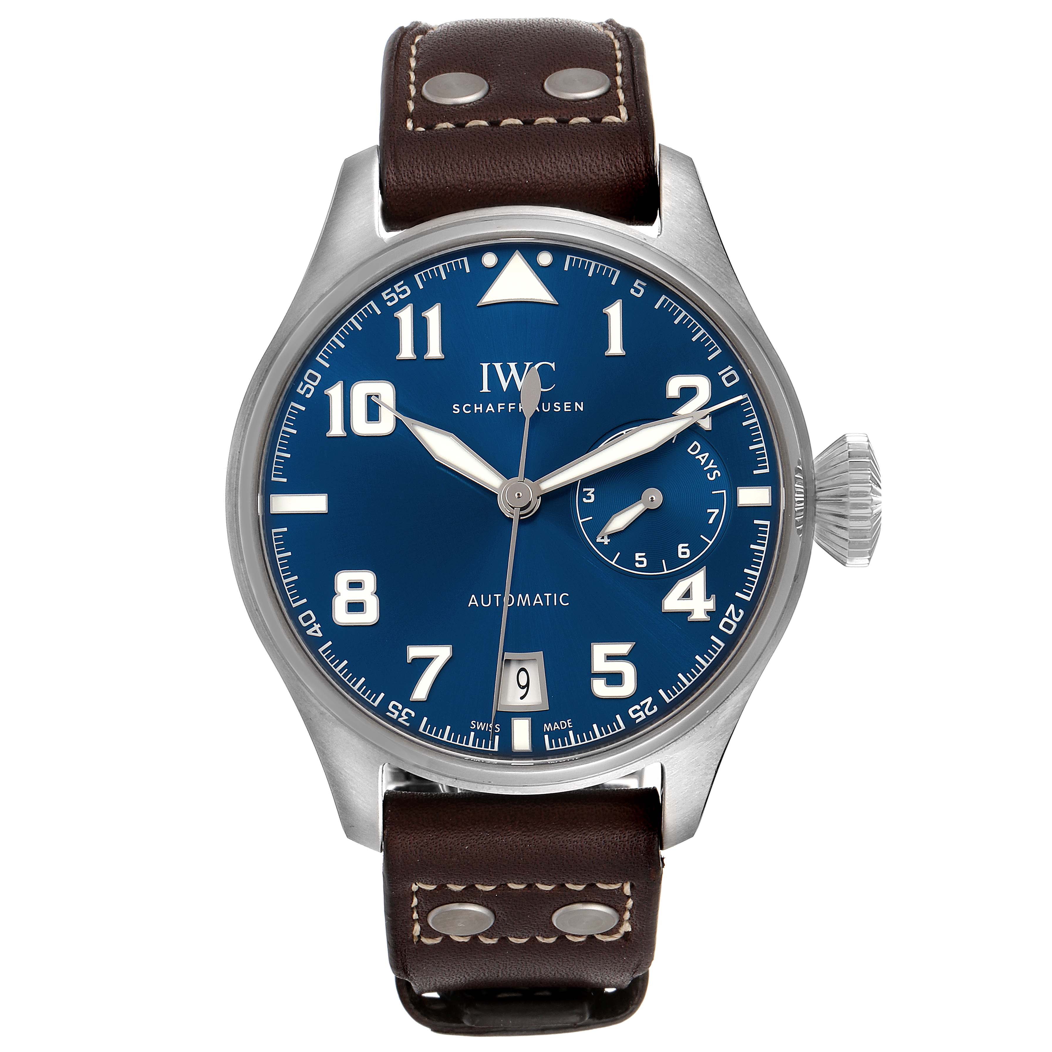 The image shows a front view of an IWC Pilot IW500908 Men's Stainless Steel Blue Dial IW500908 Men's Stainless Steel Blue Dial watch, featuring a blue dial, brown leather strap, and silver case.