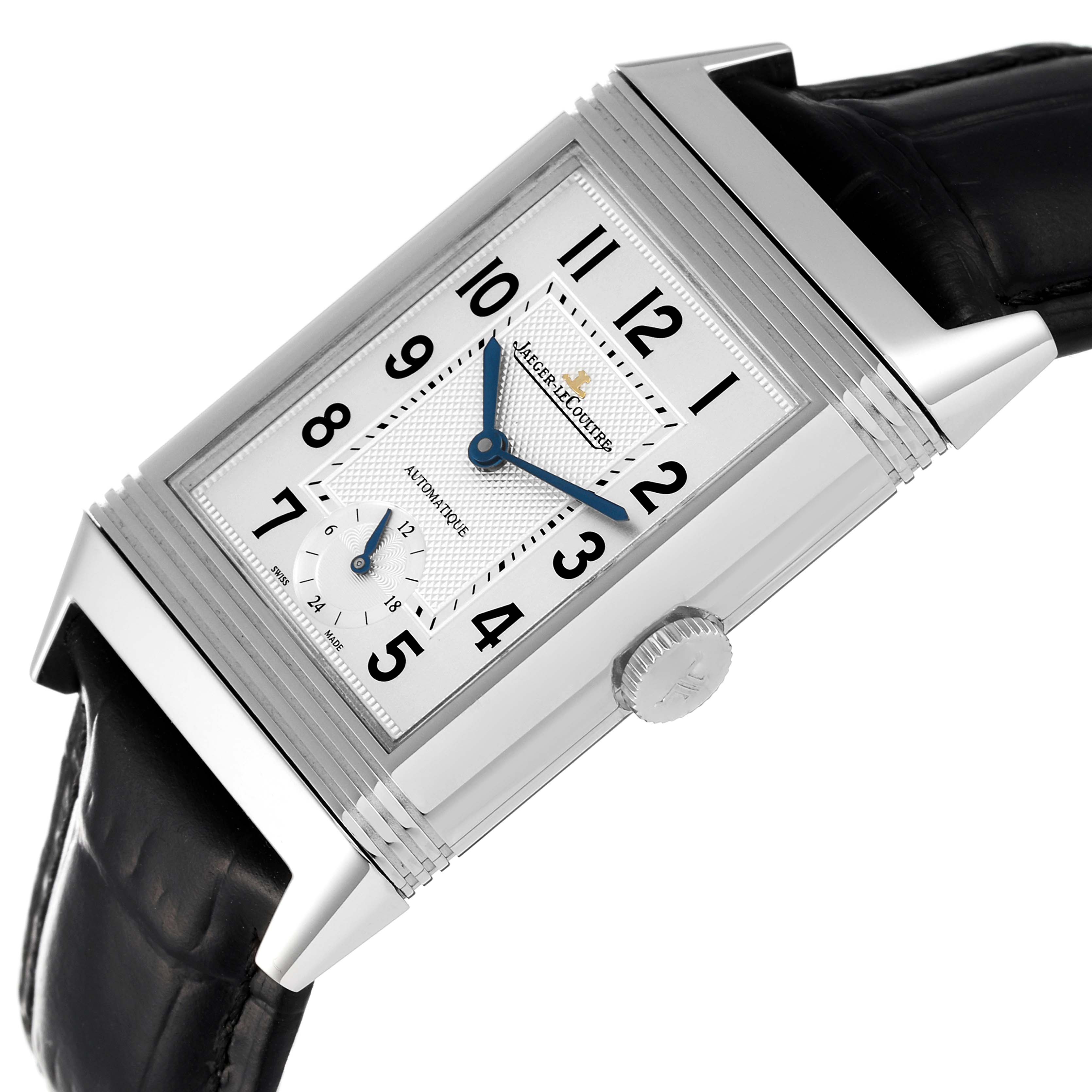 The image shows a Jaeger LeCoultre Reverso Q3808420 Men's Stainless Steel Silver Dial Q3808420 Men's Stainless Steel Silver Dial watch at a slight angle with its face, crown, and leather strap visible.