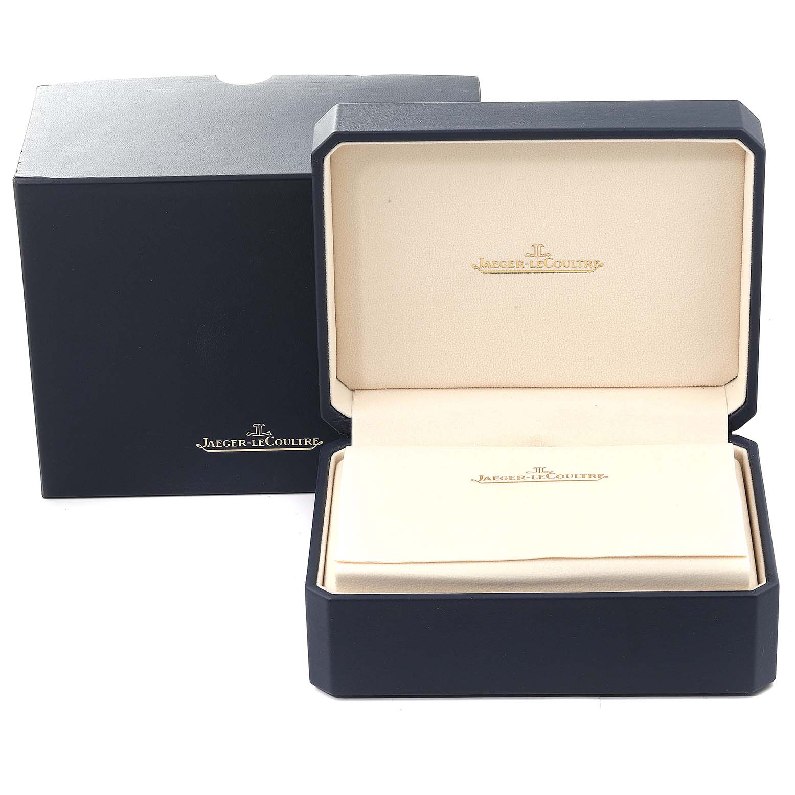 This image shows the open box and the outer packaging for a Jaeger LeCoultre Reverso Q3808420 Men's Stainless Steel Silver Dial Q3808420 Men's Stainless Steel Silver Dial watch.