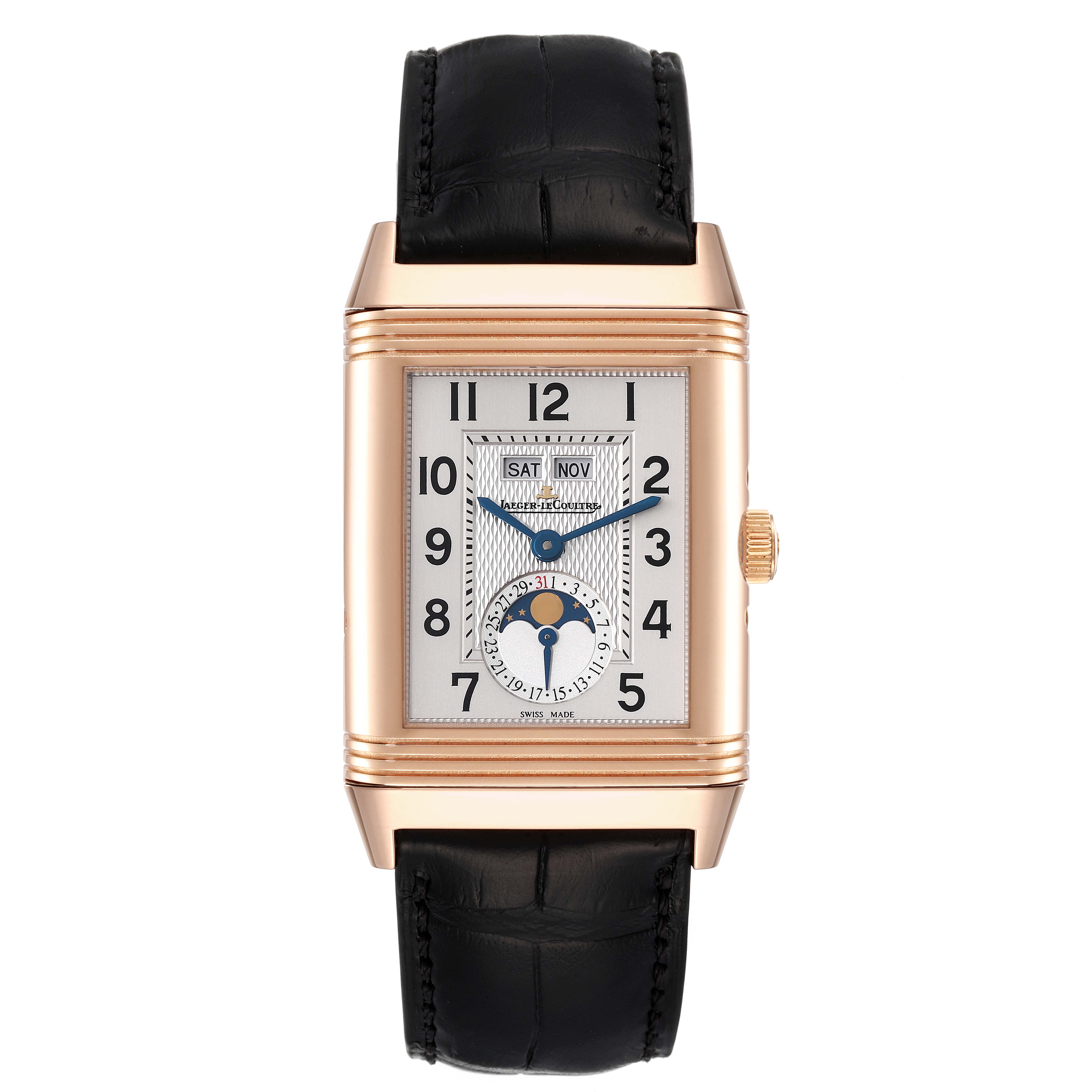This image shows a front view of the Jaeger-LeCoultre Reverso model, highlighting its rectangular face, moon phase, and black strap.