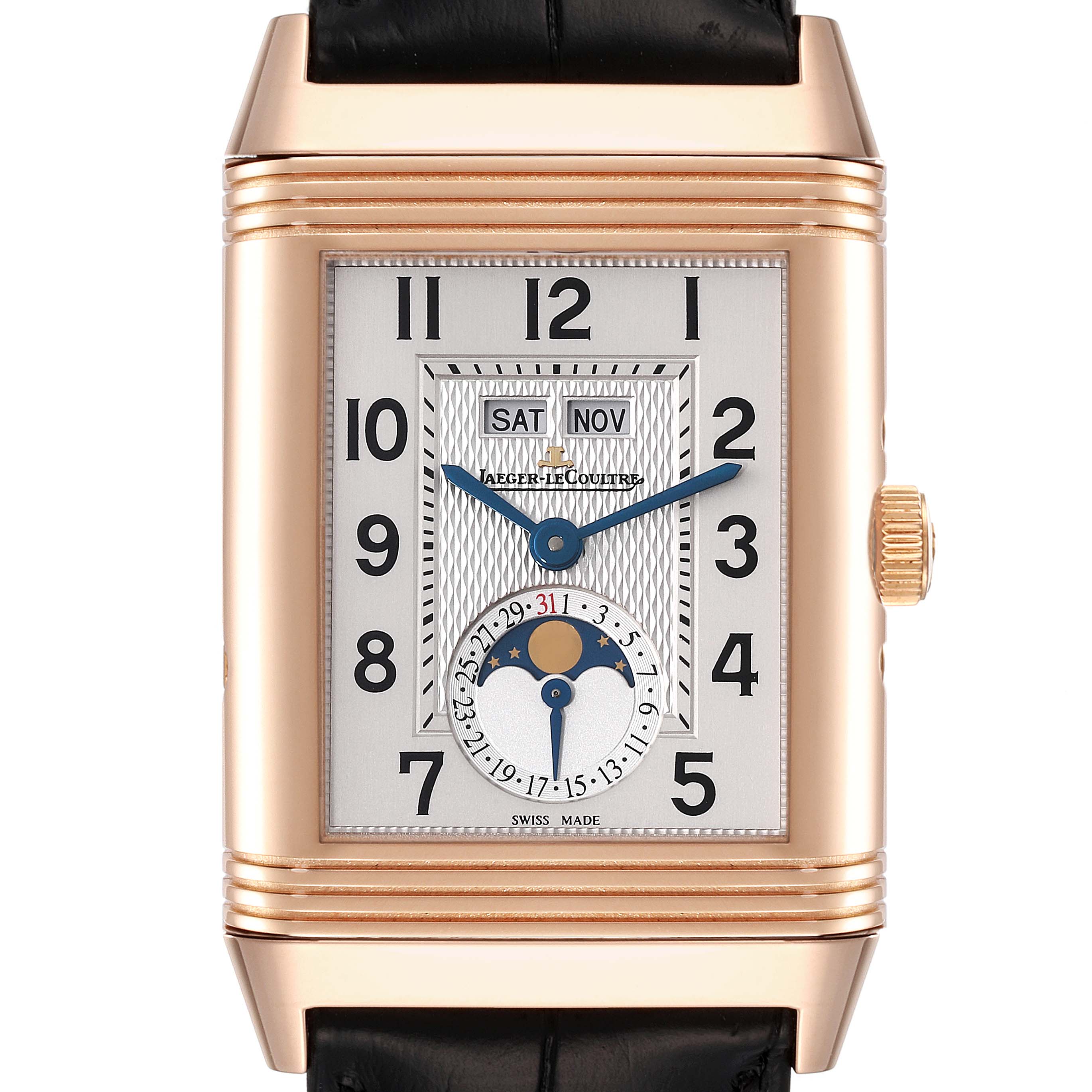 The watch is a Jaeger LeCoultre Reverso Q3752520 Men's Rose Gold Silver Dial Q3752520 Men's Rose Gold Silver Dial model, shown from the front with a clear view of the dial, hour markers, and complications.