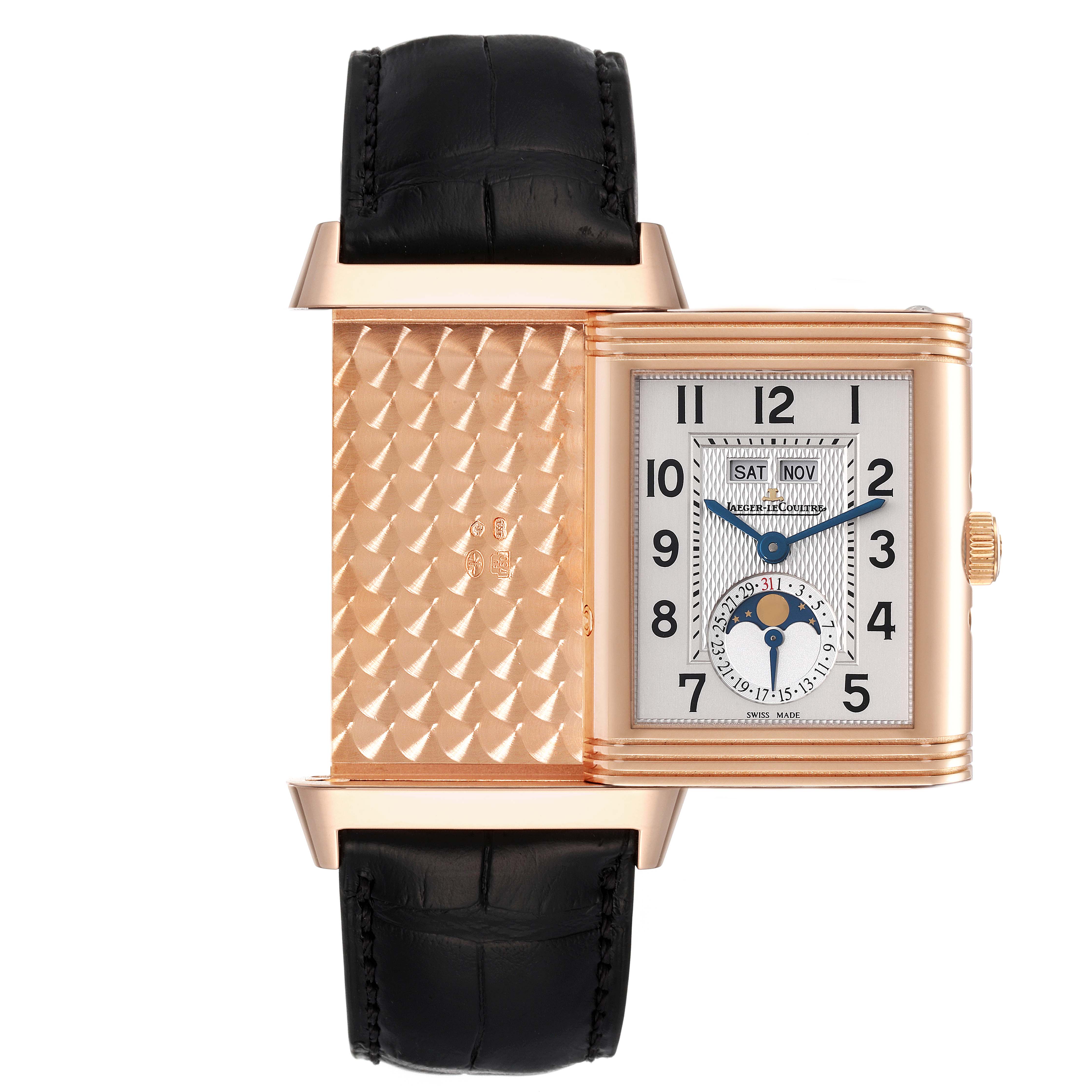 The image shows a front view of the Jaeger LeCoultre Reverso Q3752520 Men's Rose Gold Silver Dial Q3752520 Men's Rose Gold Silver Dial watch with its case flipped over to display the engraved backside.