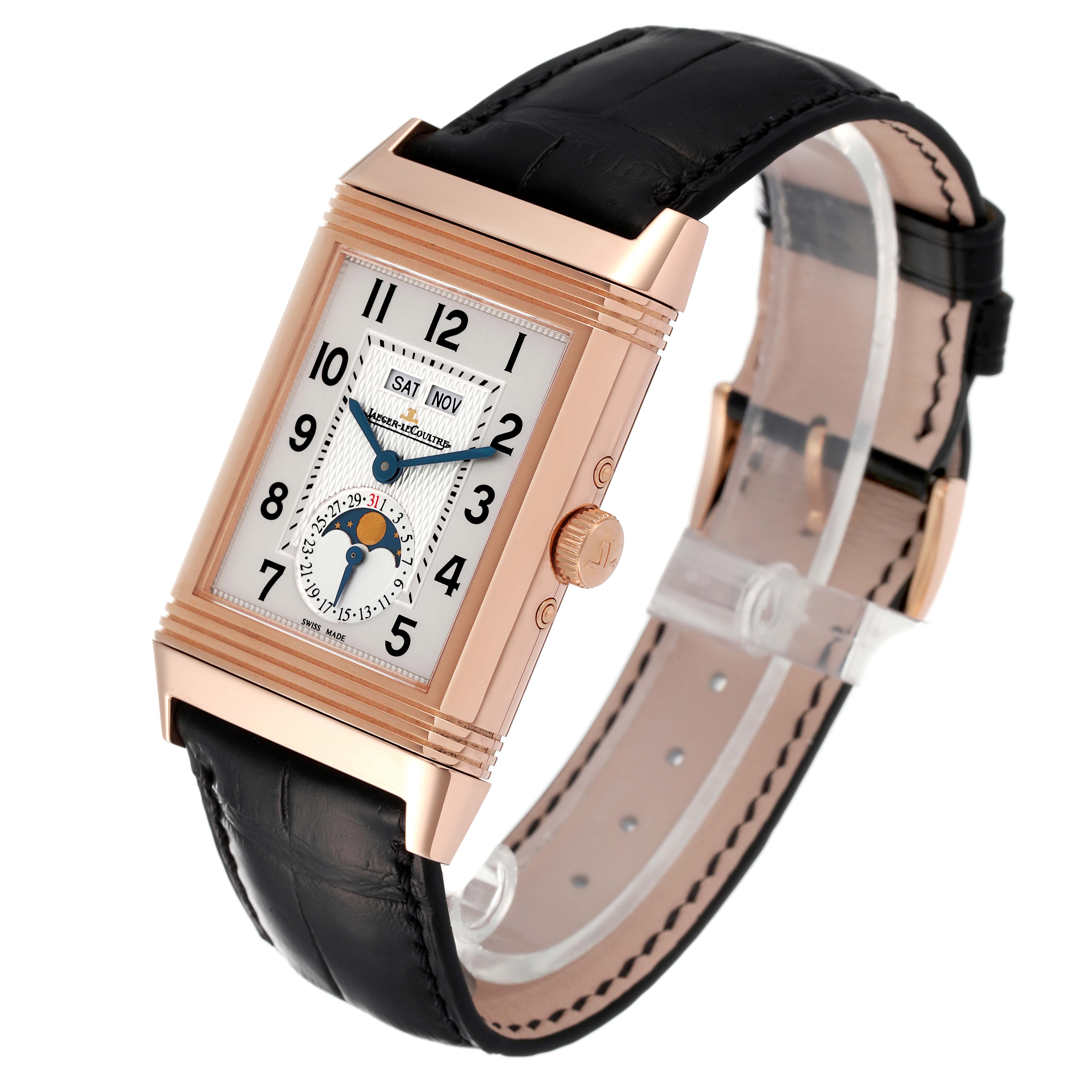 The image shows a Jaeger LeCoultre Reverso Q3752520 Men's Rose Gold Silver Dial Q3752520 Men's Rose Gold Silver Dial watch at a three-quarter angle, highlighting its face, strap, and crown.