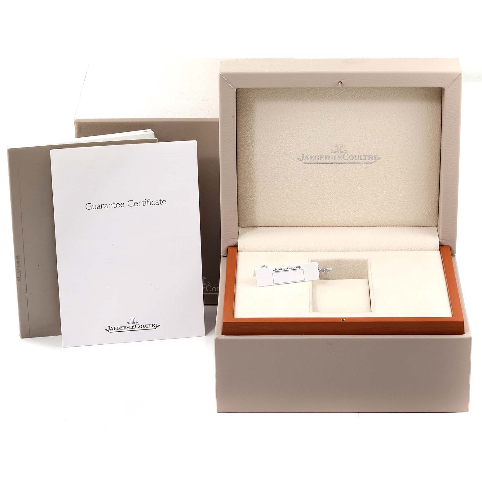 The image shows an open Jaeger LeCoultre Reverso Q3752520 Men's Rose Gold Silver Dial Q3752520 Men's Rose Gold Silver Dial watch box with guarantee certificate and inner compartments.