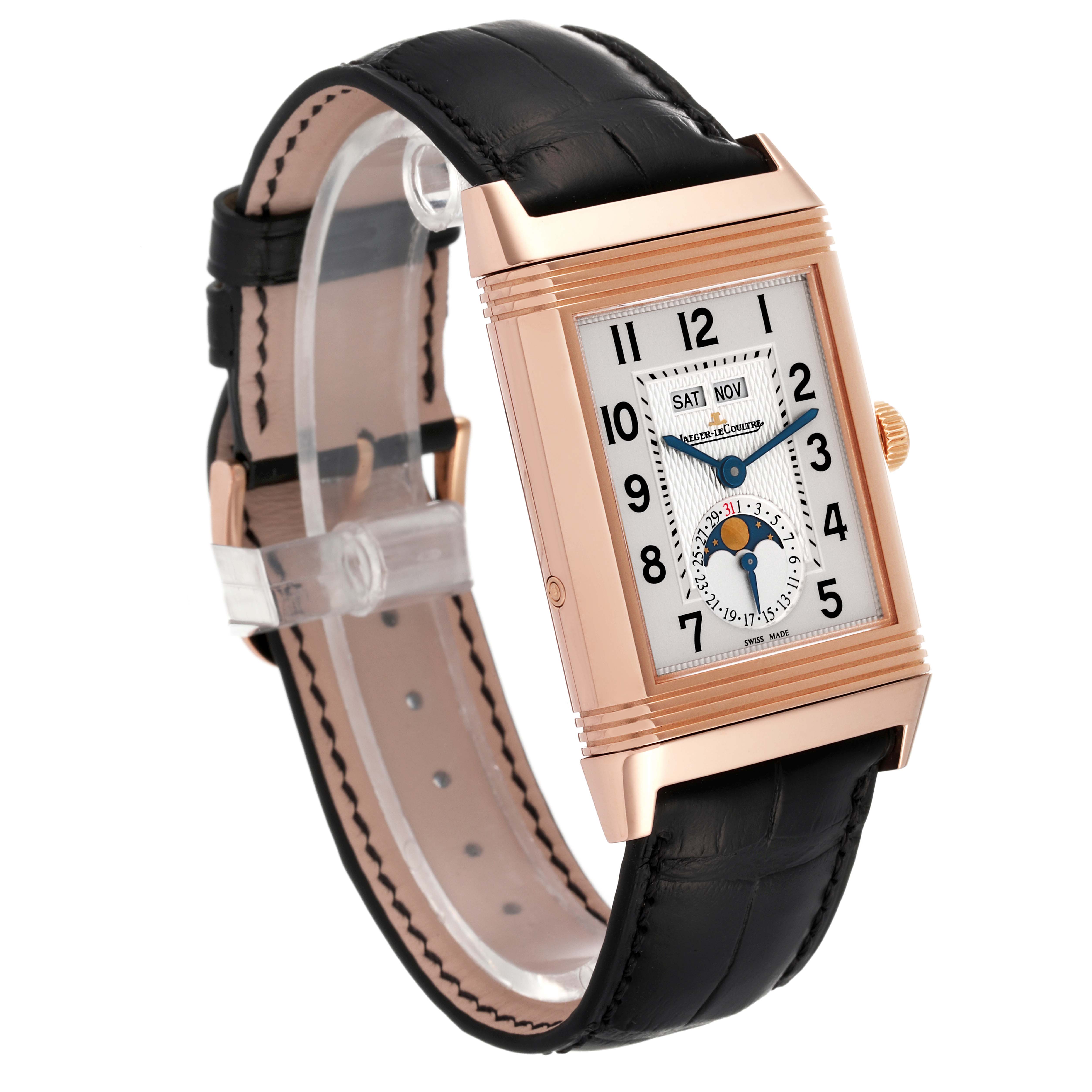 This image shows the Jaeger LeCoultre Reverso Q3752520 Men's Rose Gold Silver Dial Q3752520 Men's Rose Gold Silver Dial watch at a three-quarter angle, displaying its face, strap, and side details.