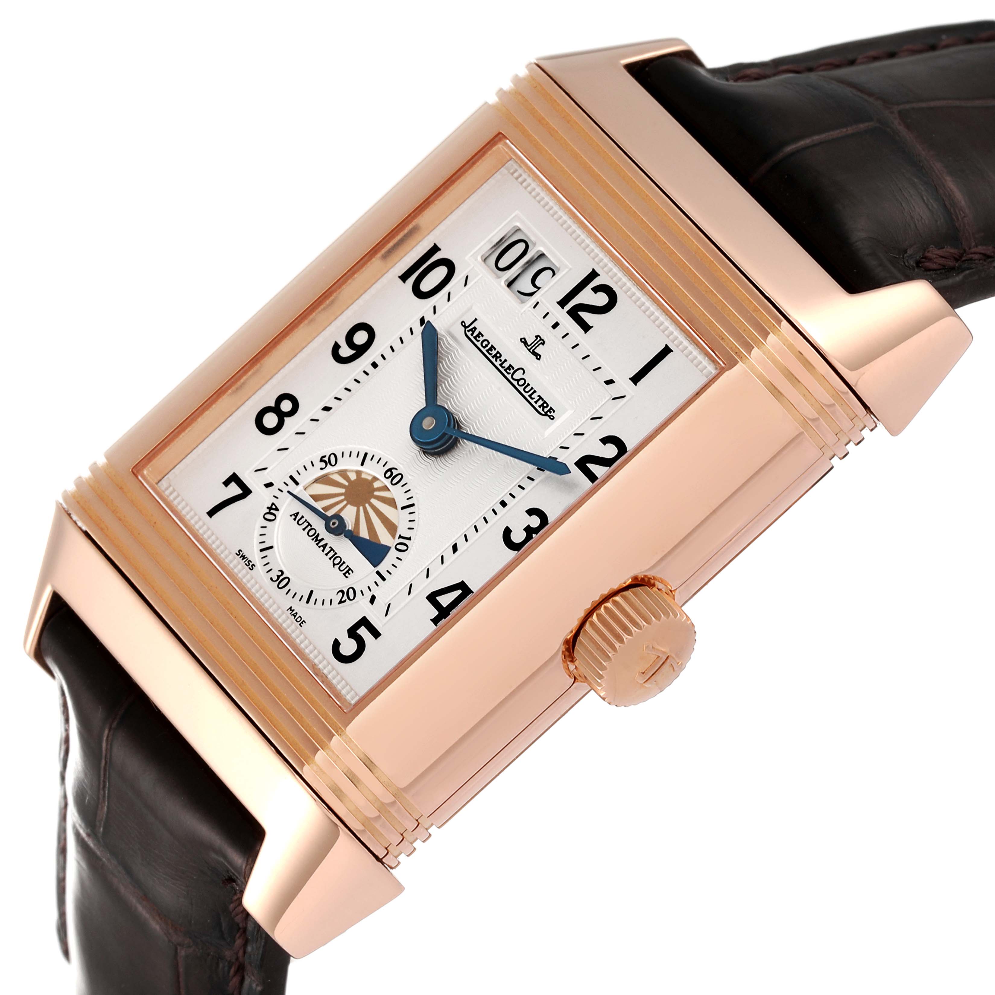 The image shows a close-up, side angle of the face and crown of a Jaeger LeCoultre Reverso Q3032420 Men
s Rose Gold Silver Dial Q3032420 Men
s Rose Gold Silver Dial watch.