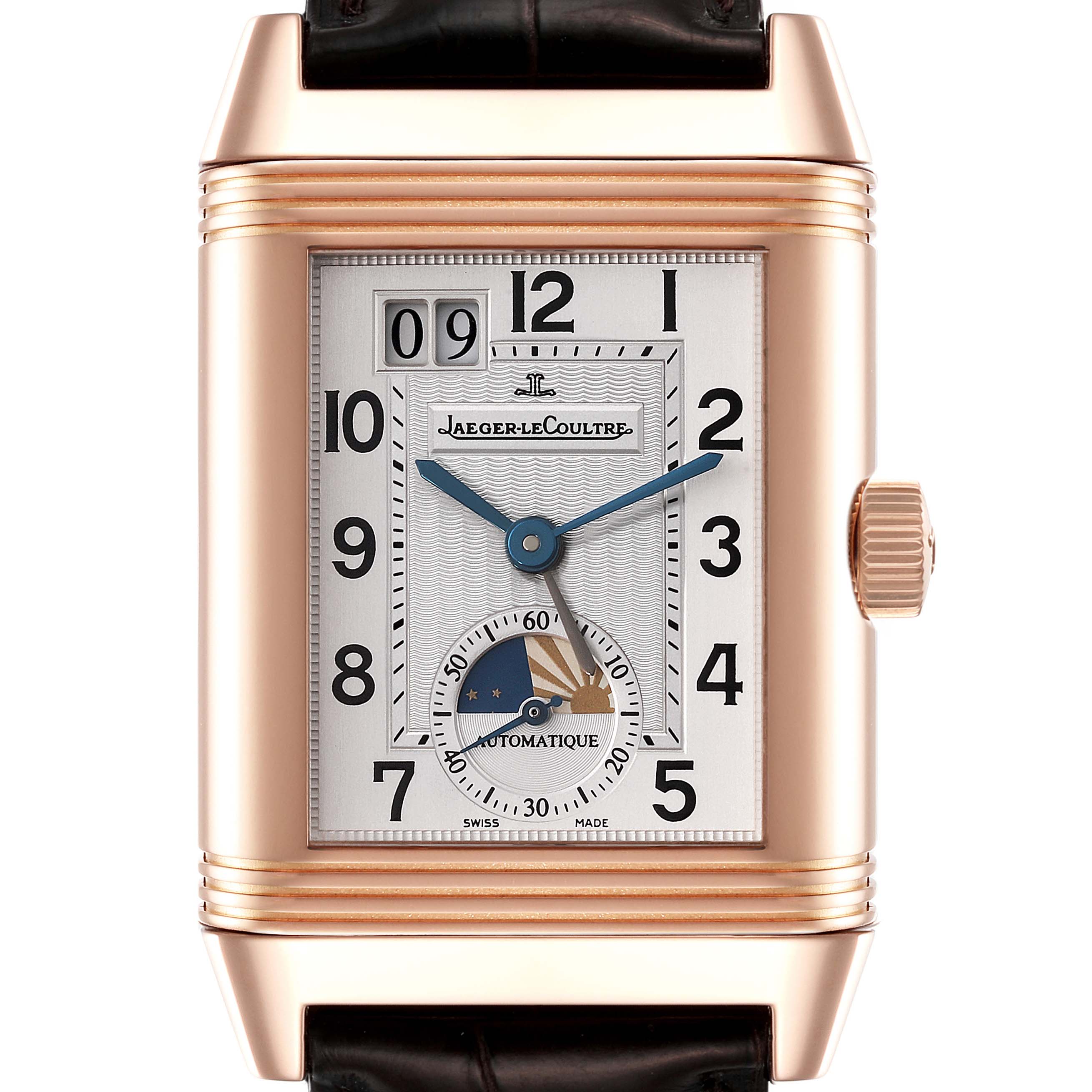 The image shows a front view of the Jaeger LeCoultre Reverso Q3032420 Men
s Rose Gold Silver Dial Q3032420 Men
s Rose Gold Silver Dial watch, highlighting its dial, crown, and part of the strap.