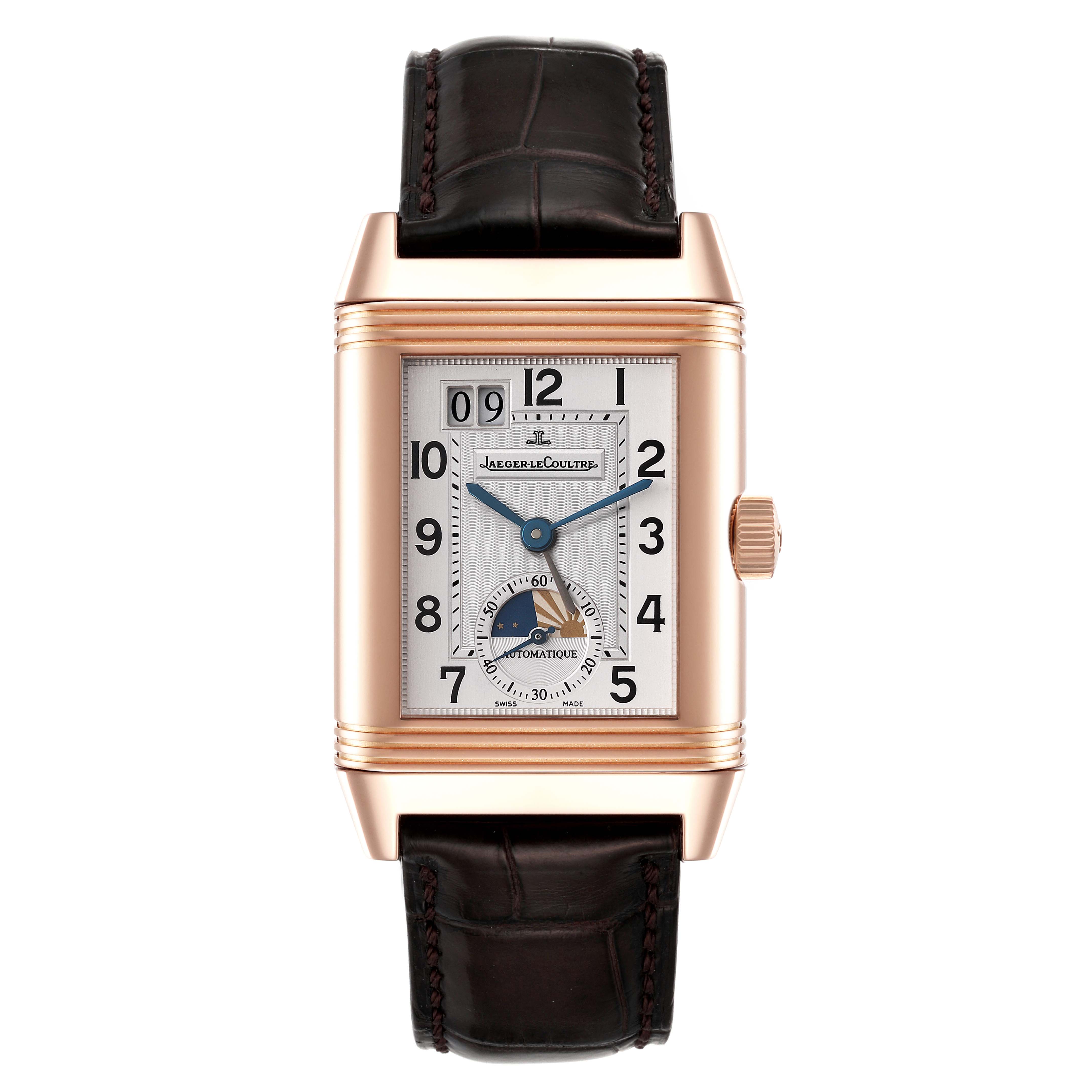 The image shows a front view of the Jaeger-LeCoultre Reverso watch with its dial, case, lugs, crown, and leather strap visible.