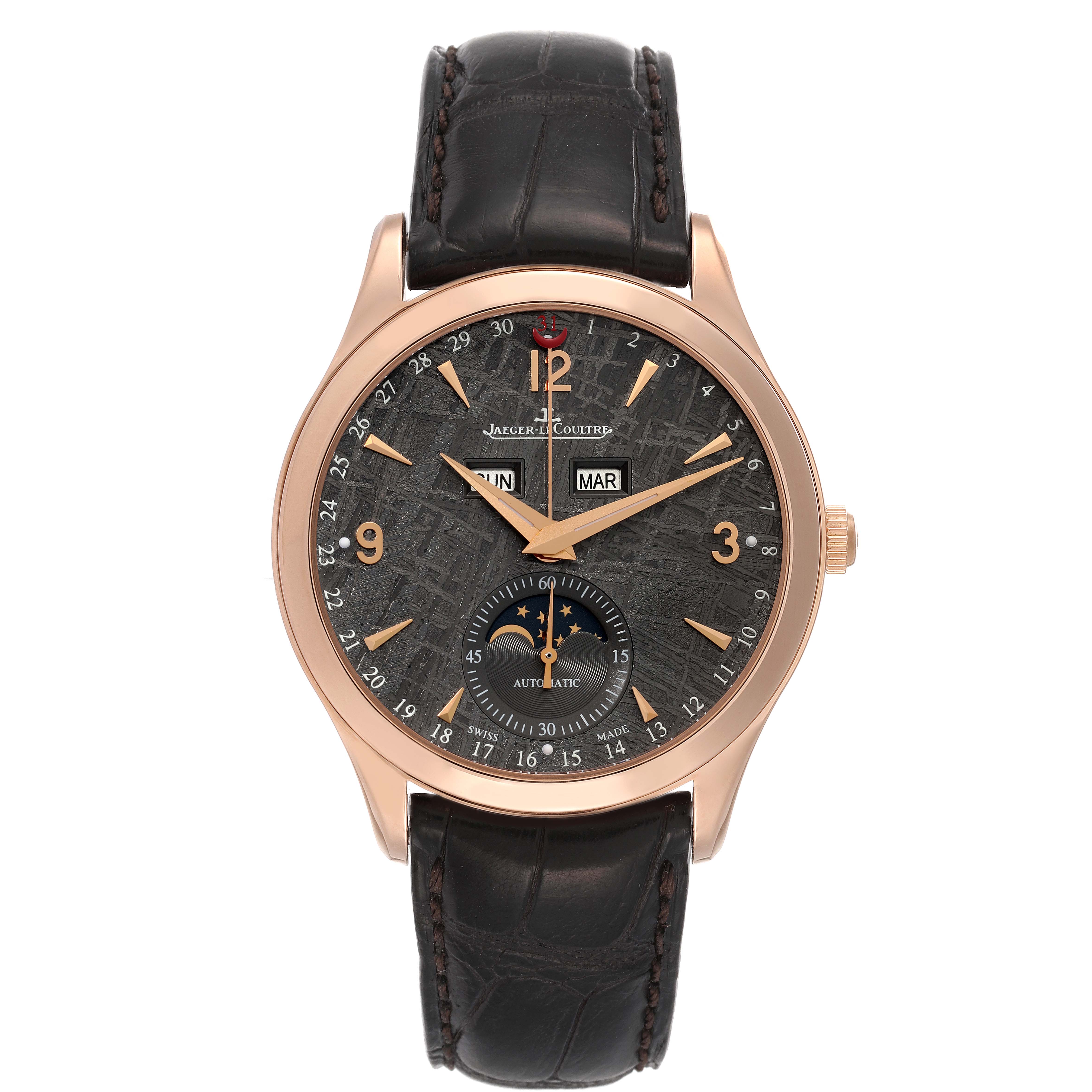 The Jaeger LeCoultre Master Q1552420 Men's Rose Gold Silver Dial Q1552420 Men's Rose Gold Silver Dial watch is shown from the front, highlighting its dial, hands, date display, and leather strap.
