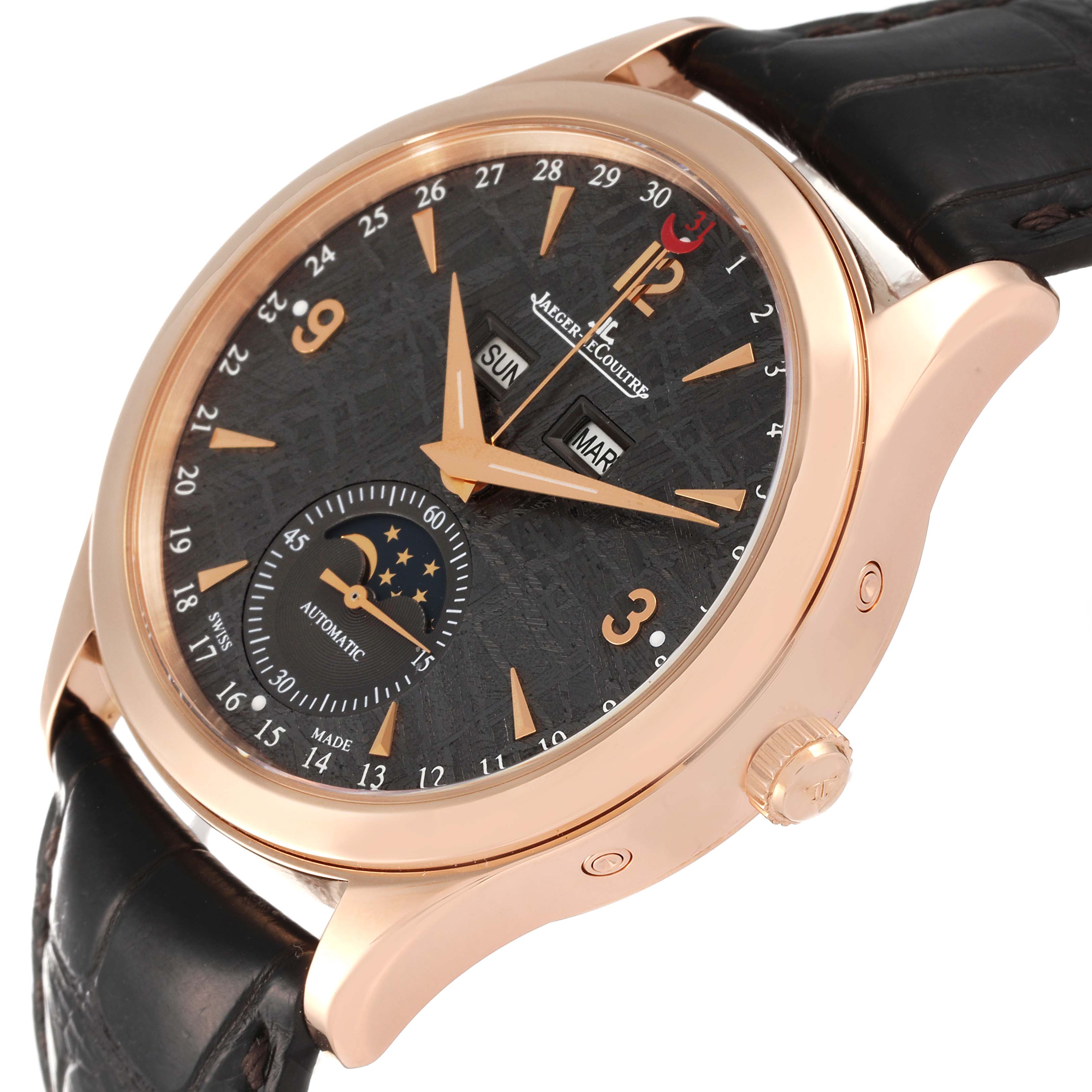 The Jaeger LeCoultre Master Q1552420 Men's Rose Gold Silver Dial Q1552420 Men's Rose Gold Silver Dial model watch is shown at an angled view, highlighting its face, side, and crown.