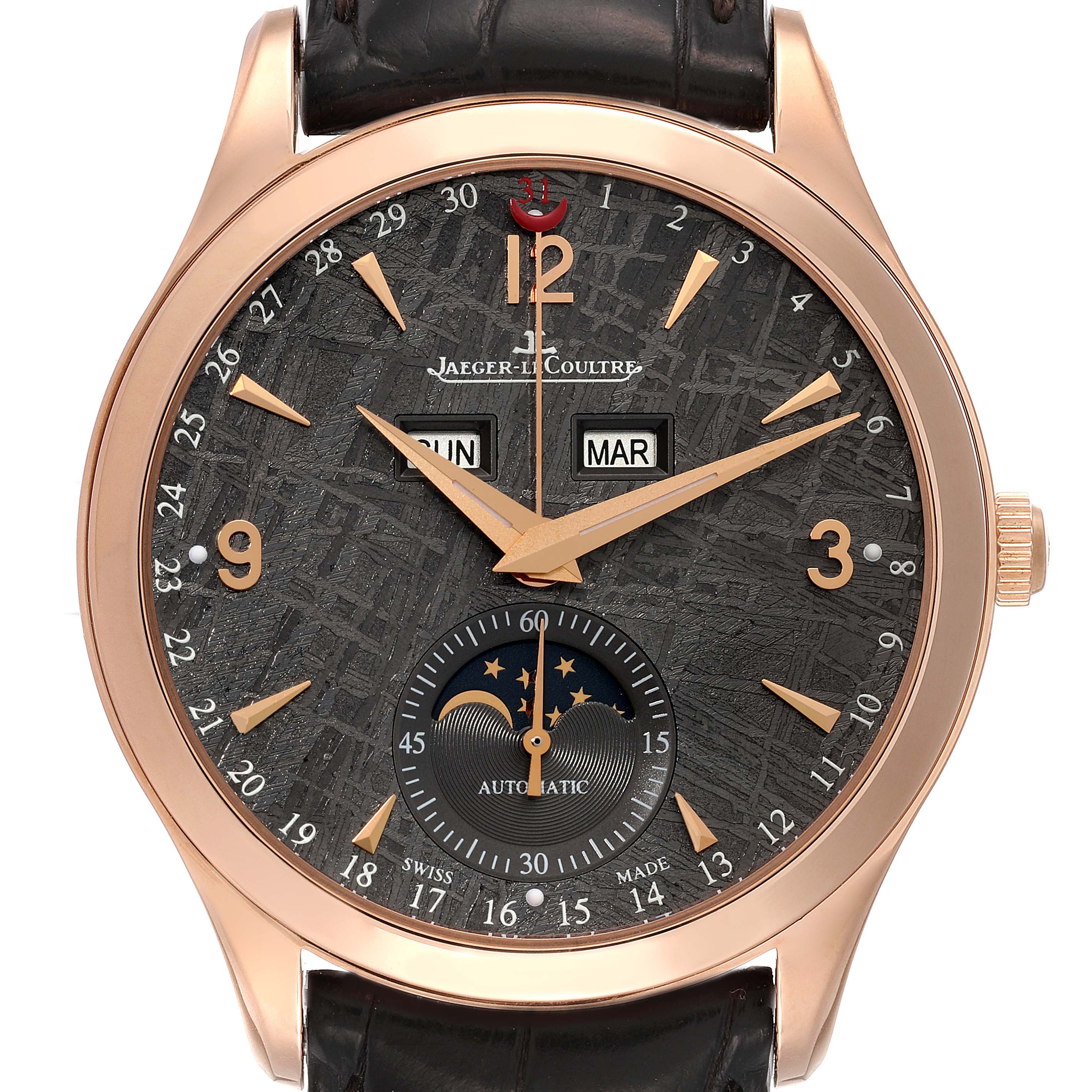 The image shows a front view of a Jaeger LeCoultre Master Q1552420 Men's Rose Gold Silver Dial Q1552420 Men's Rose Gold Silver Dial model watch, highlighting its dial, hands, and moon phase subdial.