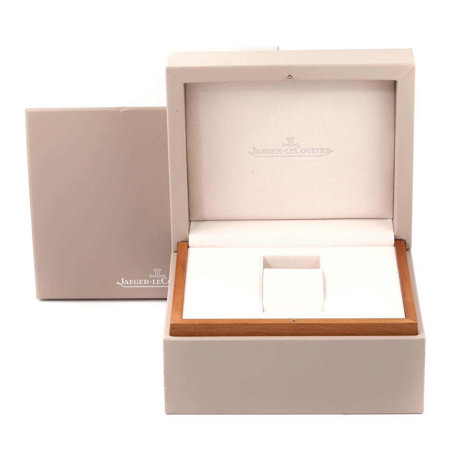 This image shows the open watch box for a Jaeger LeCoultre Master Q1552420 Men's Rose Gold Silver Dial Q1552420 Men's Rose Gold Silver Dial model at a frontal angle.