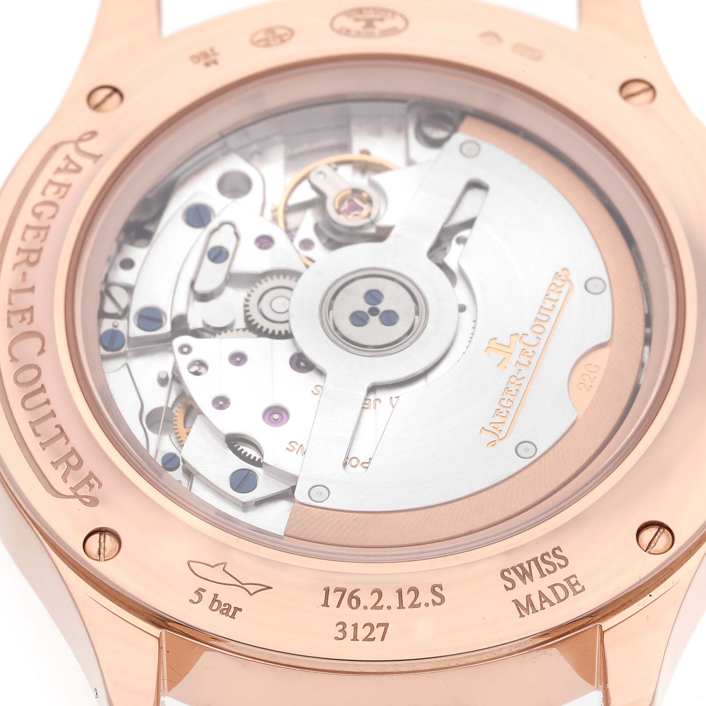 This is the back view of a Jaeger LeCoultre Master Q1552420 Men's Rose Gold Silver Dial Q1552420 Men's Rose Gold Silver Dial model watch, showcasing the intricate movements and mechanisms inside.
