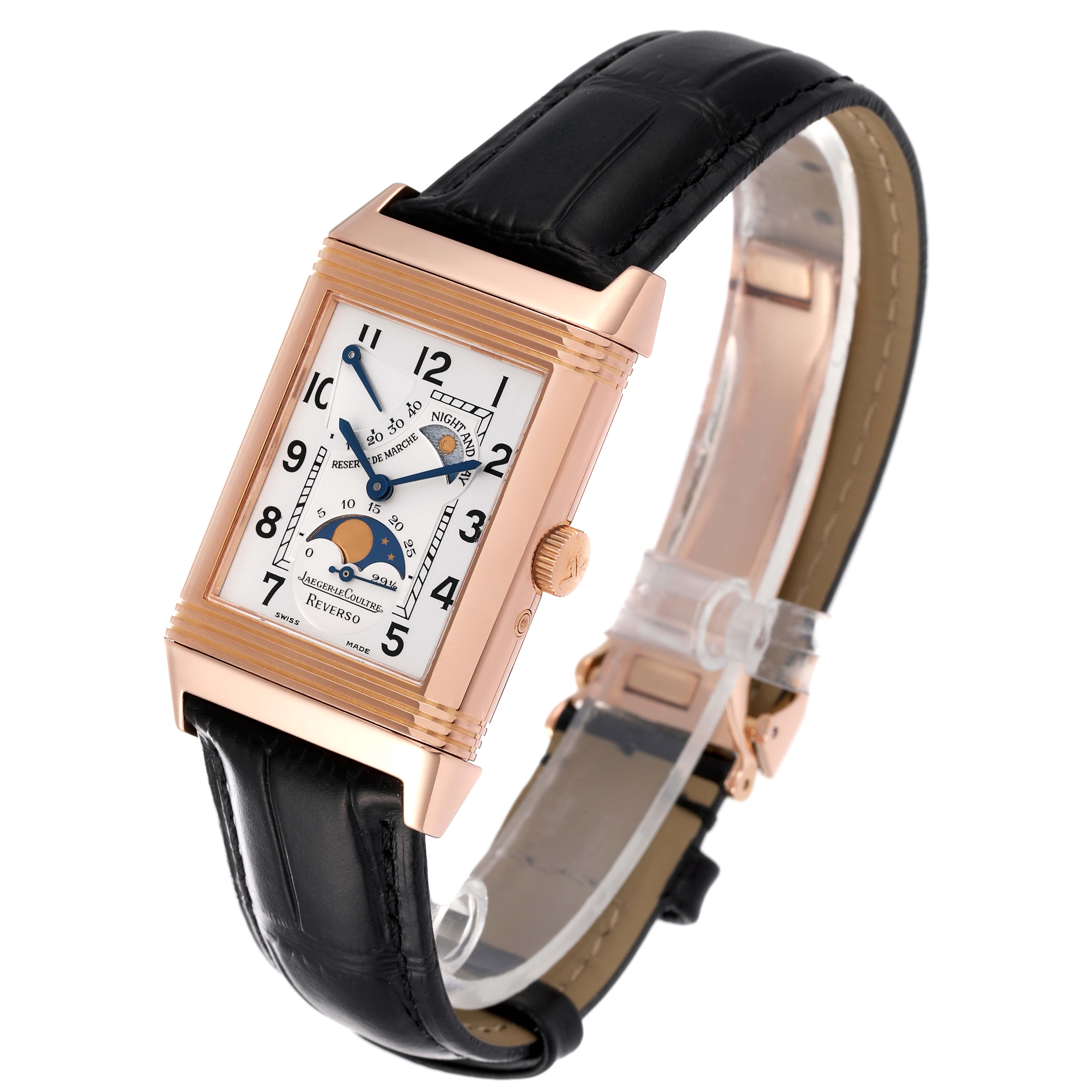 The image shows a Jaeger LeCoultre Reverso Q2752420 Men
s Rose Gold Silver Dial Q2752420 Men
s Rose Gold Silver Dial watch at a slight angle, highlighting the dial, crown, and black leather strap.