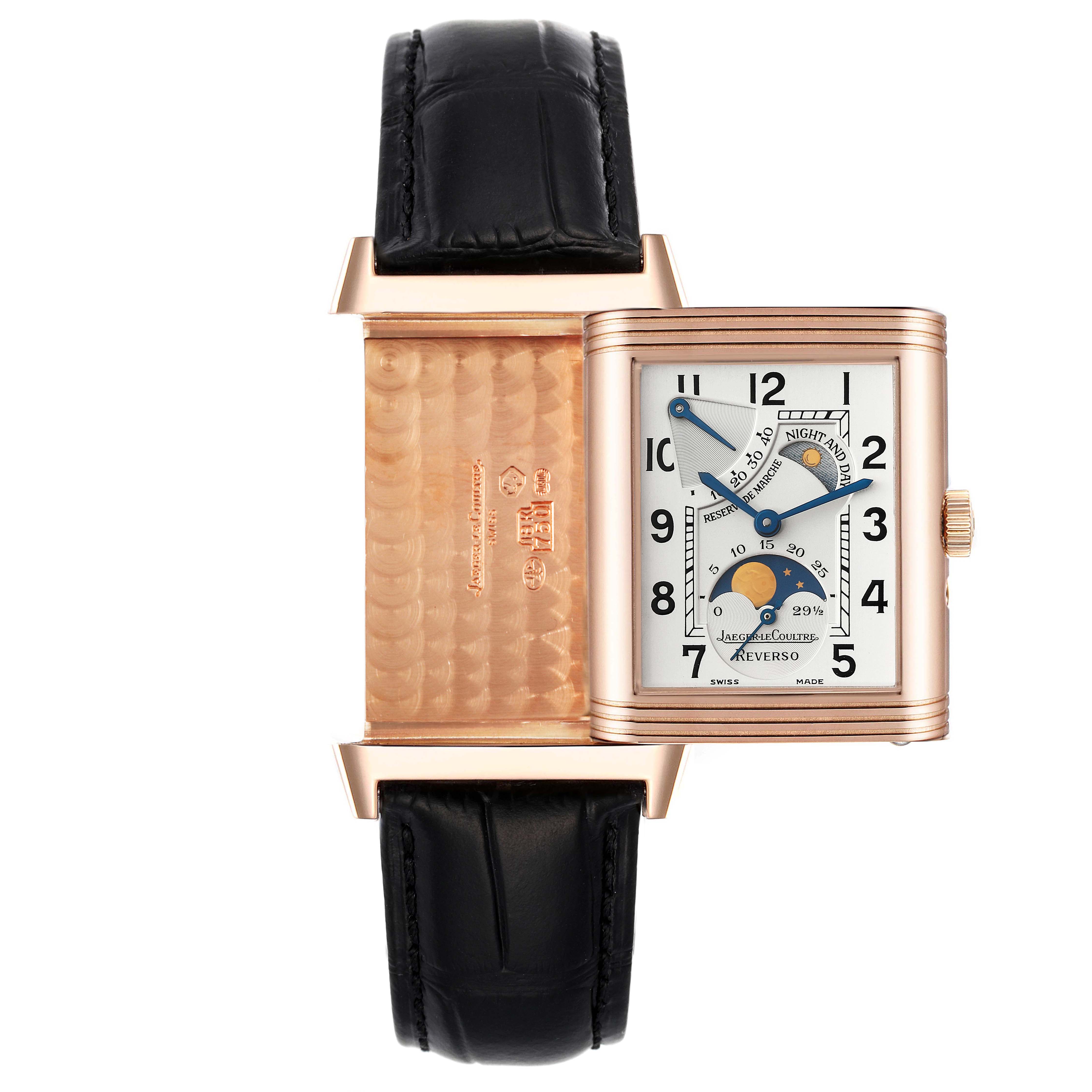 The image shows the front and back of a Jaeger-LeCoultre Reverso watch with a black leather strap and a rectangular face.