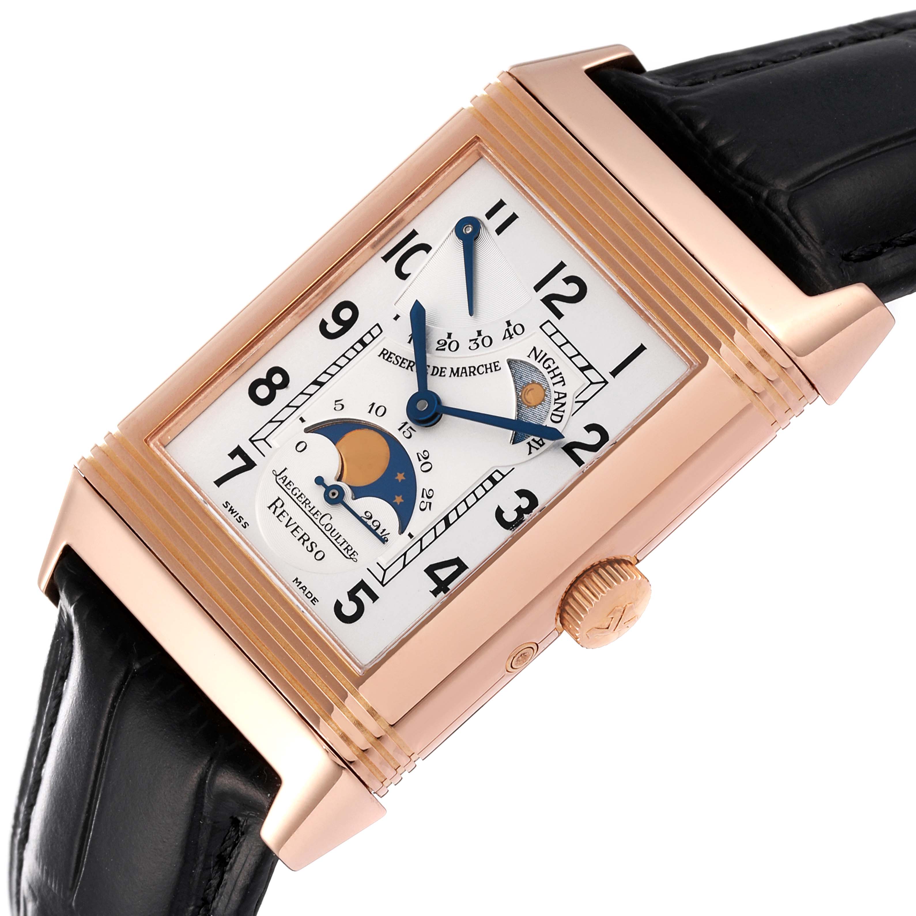 The Jaeger LeCoultre Reverso Q2752420 Men
s Rose Gold Silver Dial Q2752420 Men
s Rose Gold Silver Dial watch is shown at a slight angle, highlighting the face, crown, and part of the black leather strap.