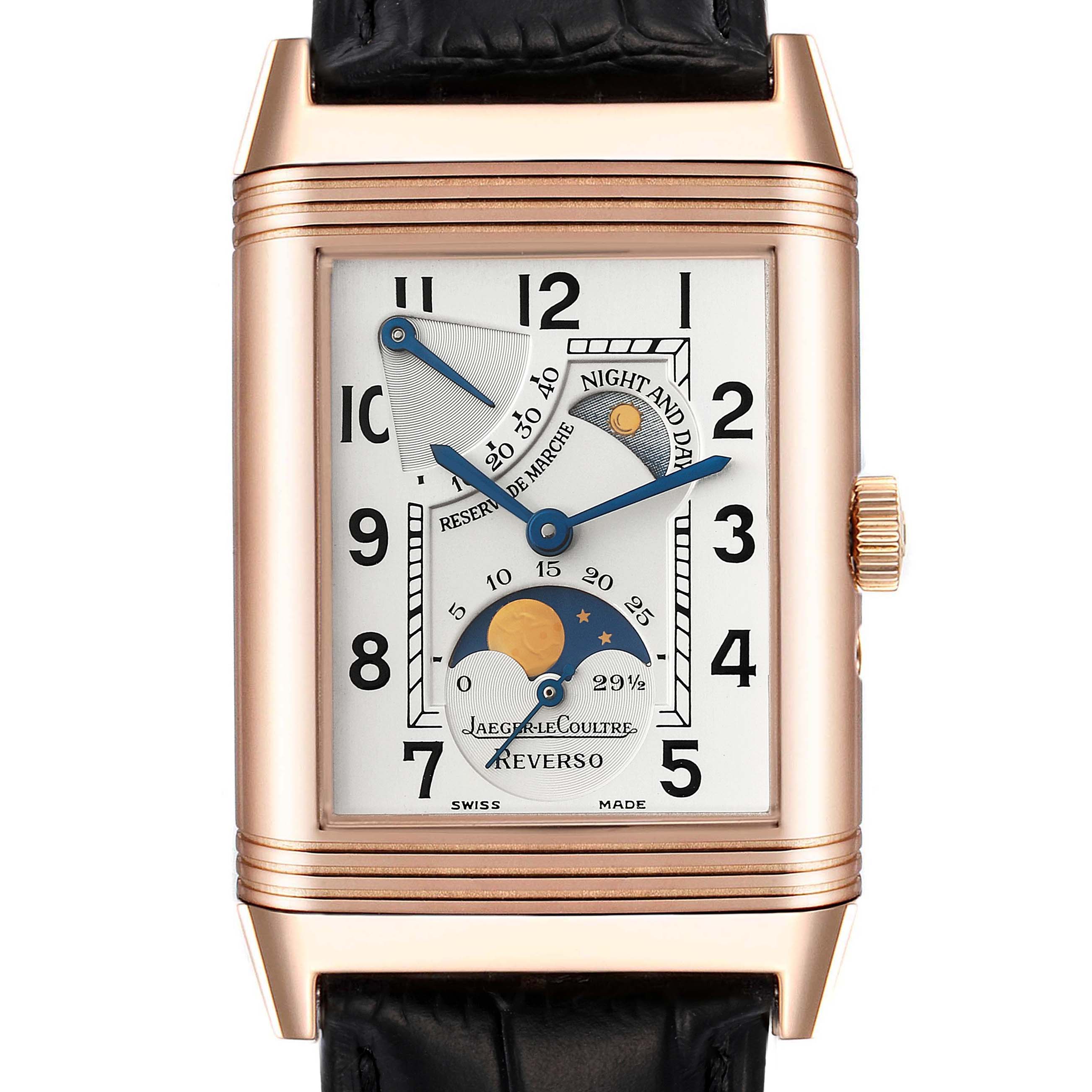 This is a front-facing view of the Jaeger LeCoultre Reverso Q2752420 Men
s Rose Gold Silver Dial Q2752420 Men
s Rose Gold Silver Dial watch, showing the dial, crown, and part of the leather strap.