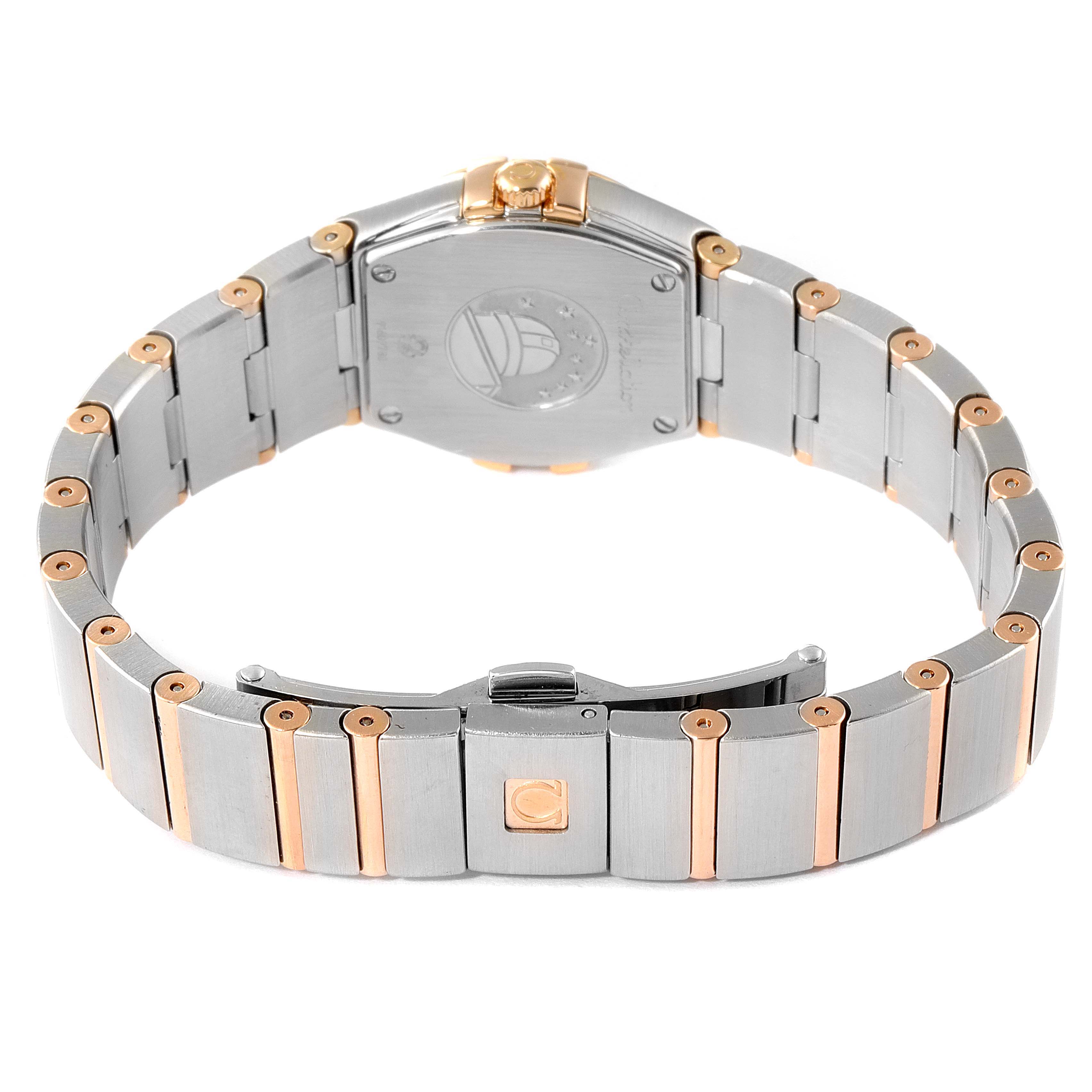 The image shows the back view of the Omega 123.25.24.60.05.002 Women's Steel and Gold (two tone) Mother of Pearl Dial 123.25.24.60.05.002 Women's Steel and Gold (two tone) Mother of Pearl Dial Constellation Star Steel Rose Gold Diamond Ladies Watch model 123.25.24.60.05.002, focusing on the bracelet and clasp.