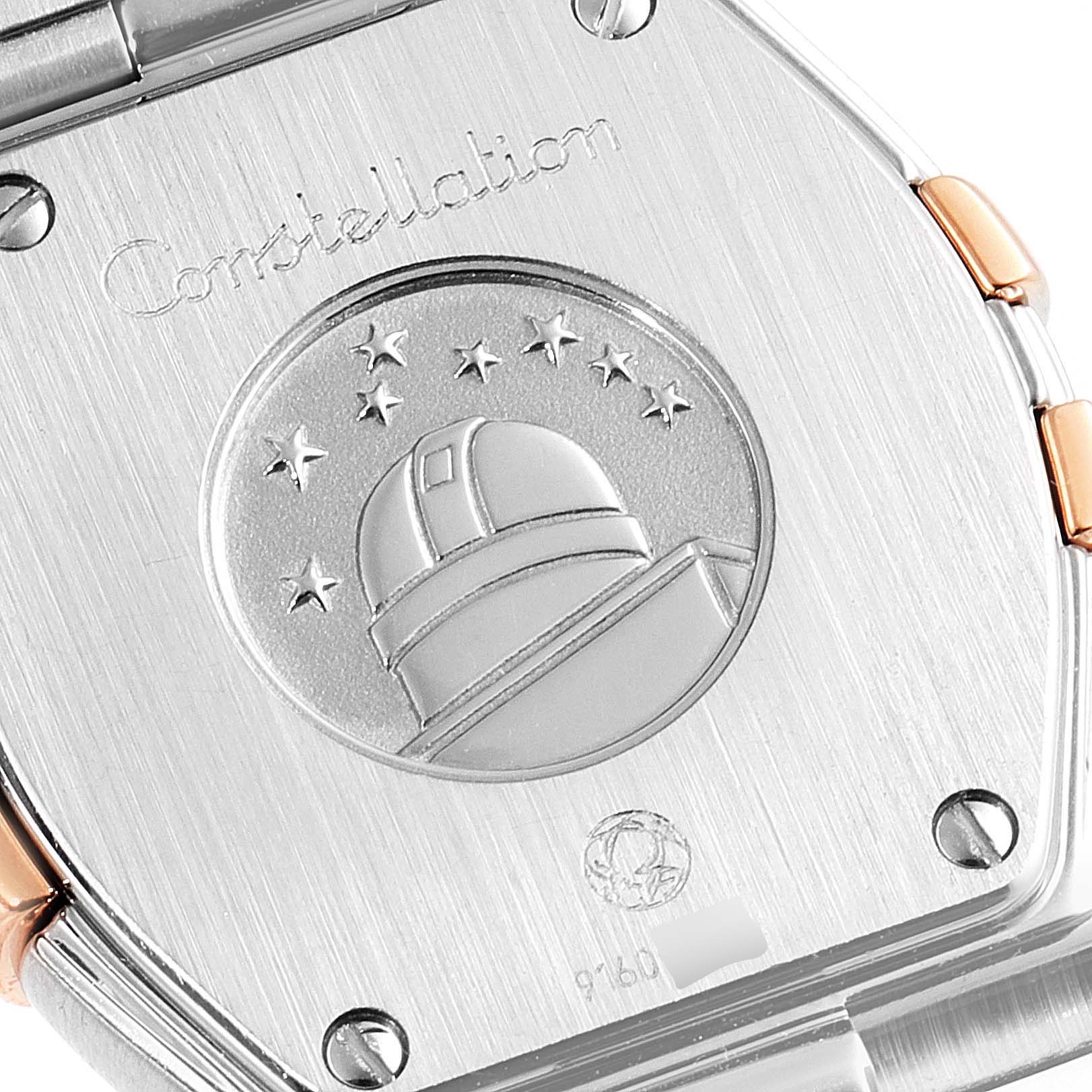 The image displays the back case of the Omega 123.25.24.60.05.002 Women's Steel and Gold (two tone) Mother of Pearl Dial 123.25.24.60.05.002 Women's Steel and Gold (two tone) Mother of Pearl Dial Constellation Star Steel Rose Gold Diamond Ladies Watch, model 123.25.24.60.05.002.