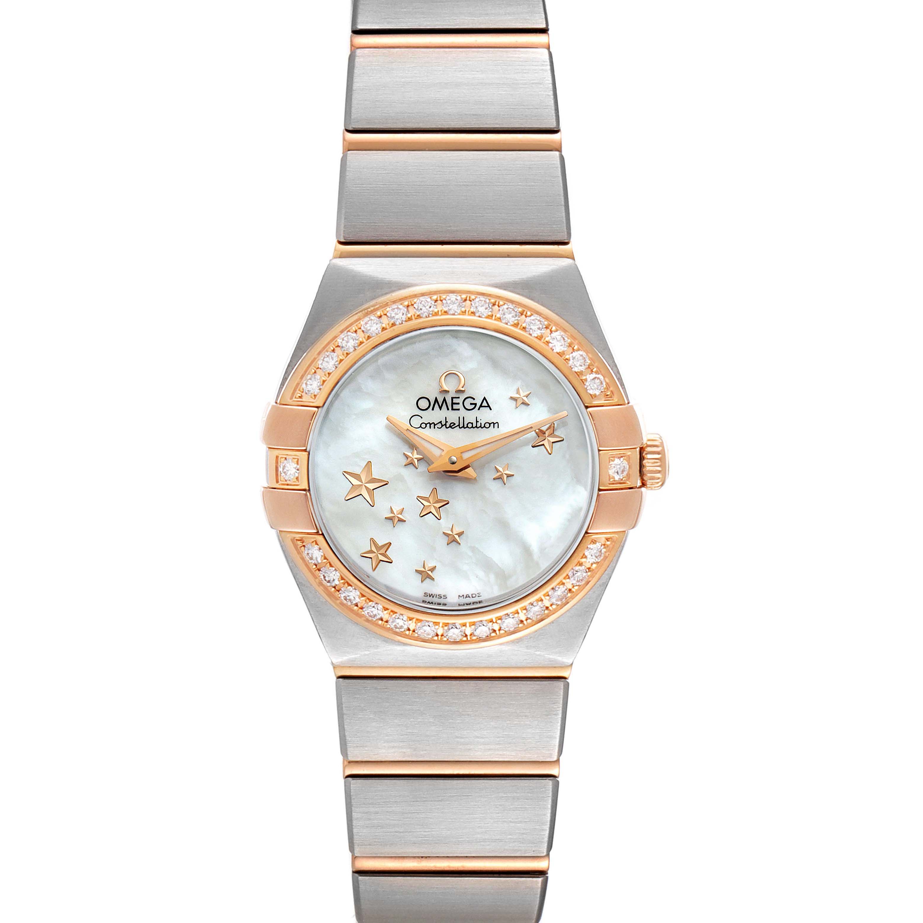 The image shows a frontal view of the Omega 123.25.24.60.05.002 Women's Steel and Gold (two tone) Mother of Pearl Dial 123.25.24.60.05.002 Women's Steel and Gold (two tone) Mother of Pearl Dial Constellation Star Steel Rose Gold Diamond Ladies Watch 123.25.24.60.05.002.
