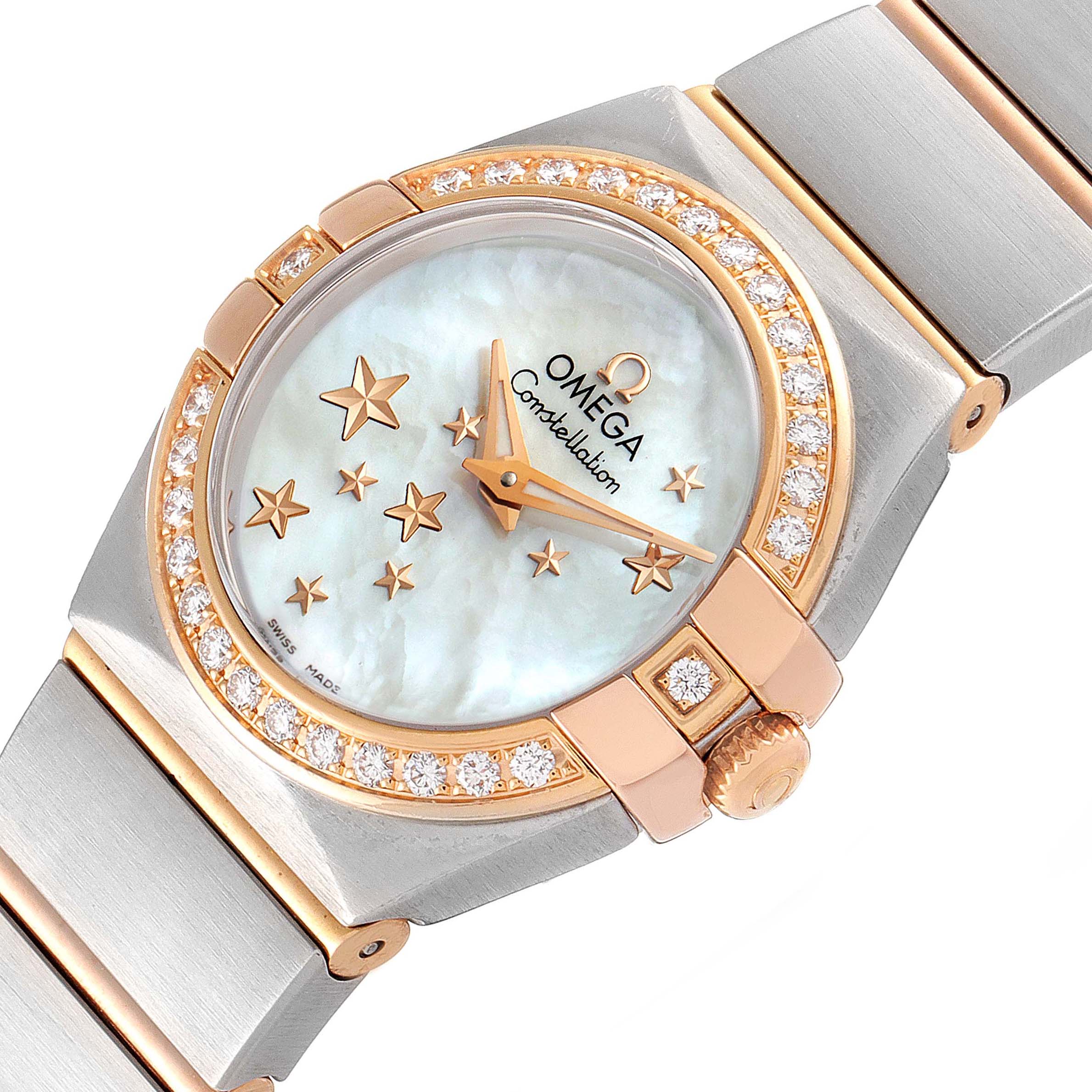 This is a close-up angled view of the Omega 123.25.24.60.05.002 Women's Steel and Gold (two tone) Mother of Pearl Dial 123.25.24.60.05.002 Women's Steel and Gold (two tone) Mother of Pearl Dial Constellation Star Steel Rose Gold Diamond Ladies Watch, model 123.25.24.60.05.002.