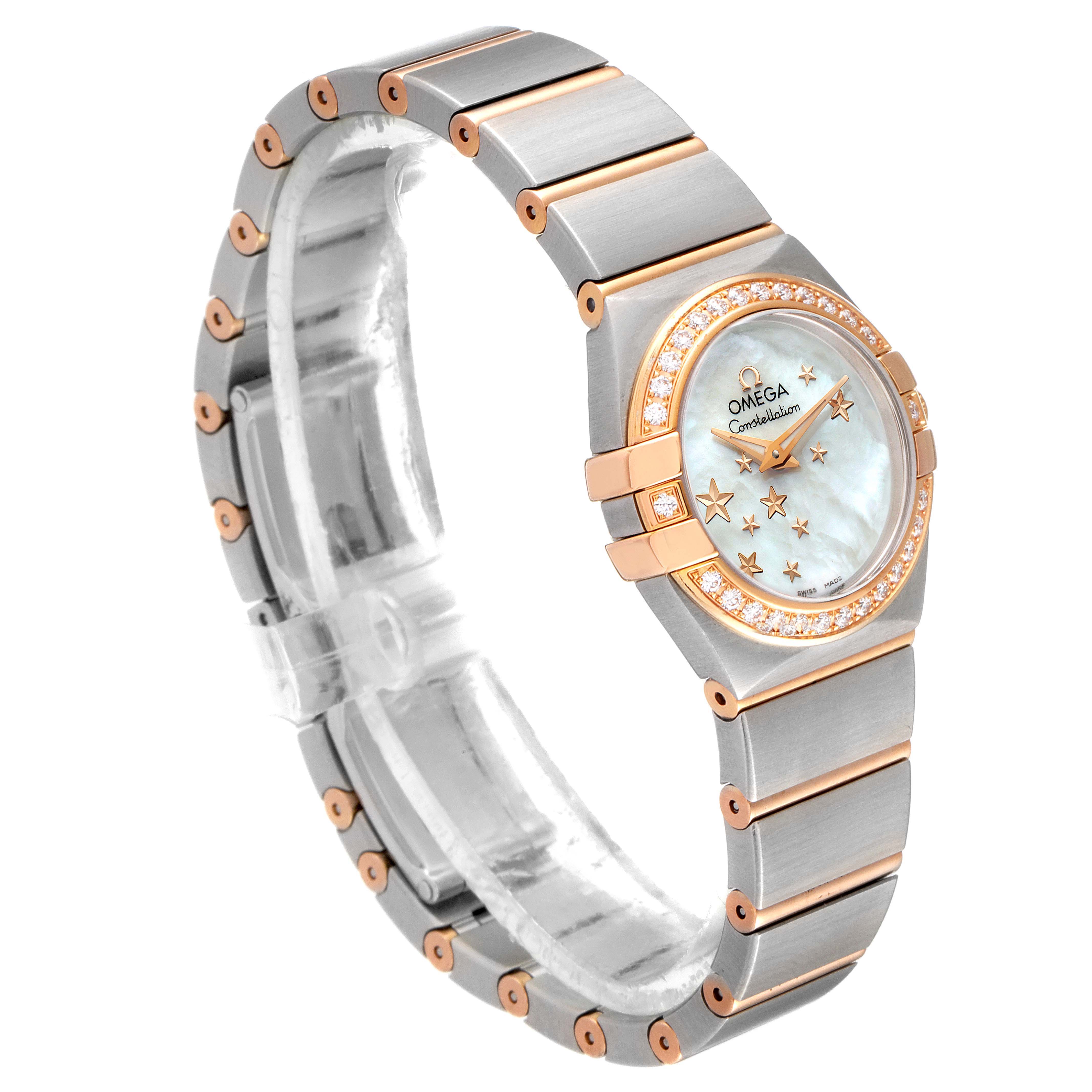 The image shows a left-side angle of the Omega 123.25.24.60.05.002 Women's Steel and Gold (two tone) Mother of Pearl Dial 123.25.24.60.05.002 Women's Steel and Gold (two tone) Mother of Pearl Dial Constellation Star Steel Rose Gold Diamond Ladies Watch 123.25.24.60.05.002.