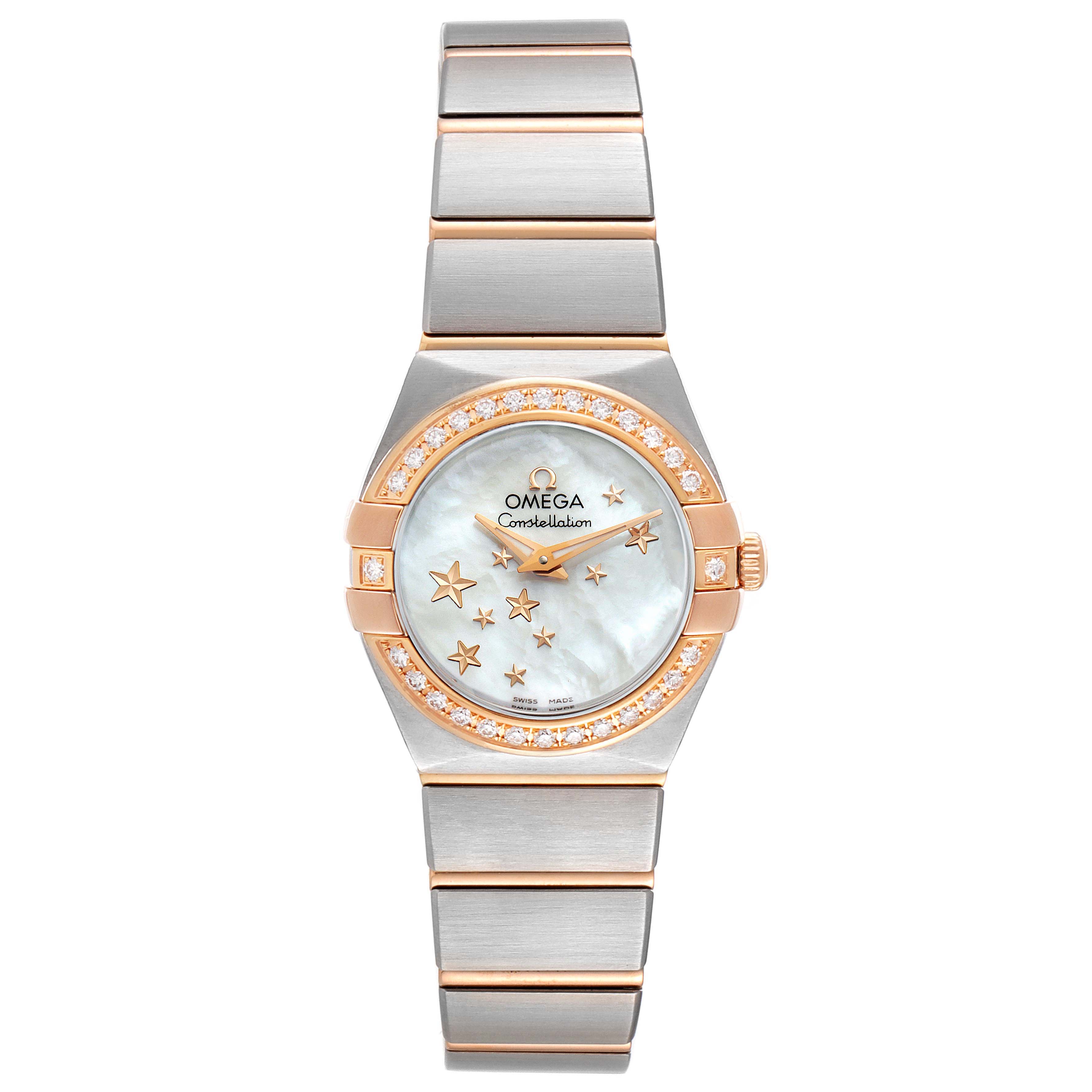 The image shows a front view of the Omega 123.25.24.60.05.002 Women's Steel and Gold (two tone) Mother of Pearl Dial 123.25.24.60.05.002 Women's Steel and Gold (two tone) Mother of Pearl Dial Constellation Star Steel Rose Gold Diamond Ladies Watch 123.25.24.60.05.002.