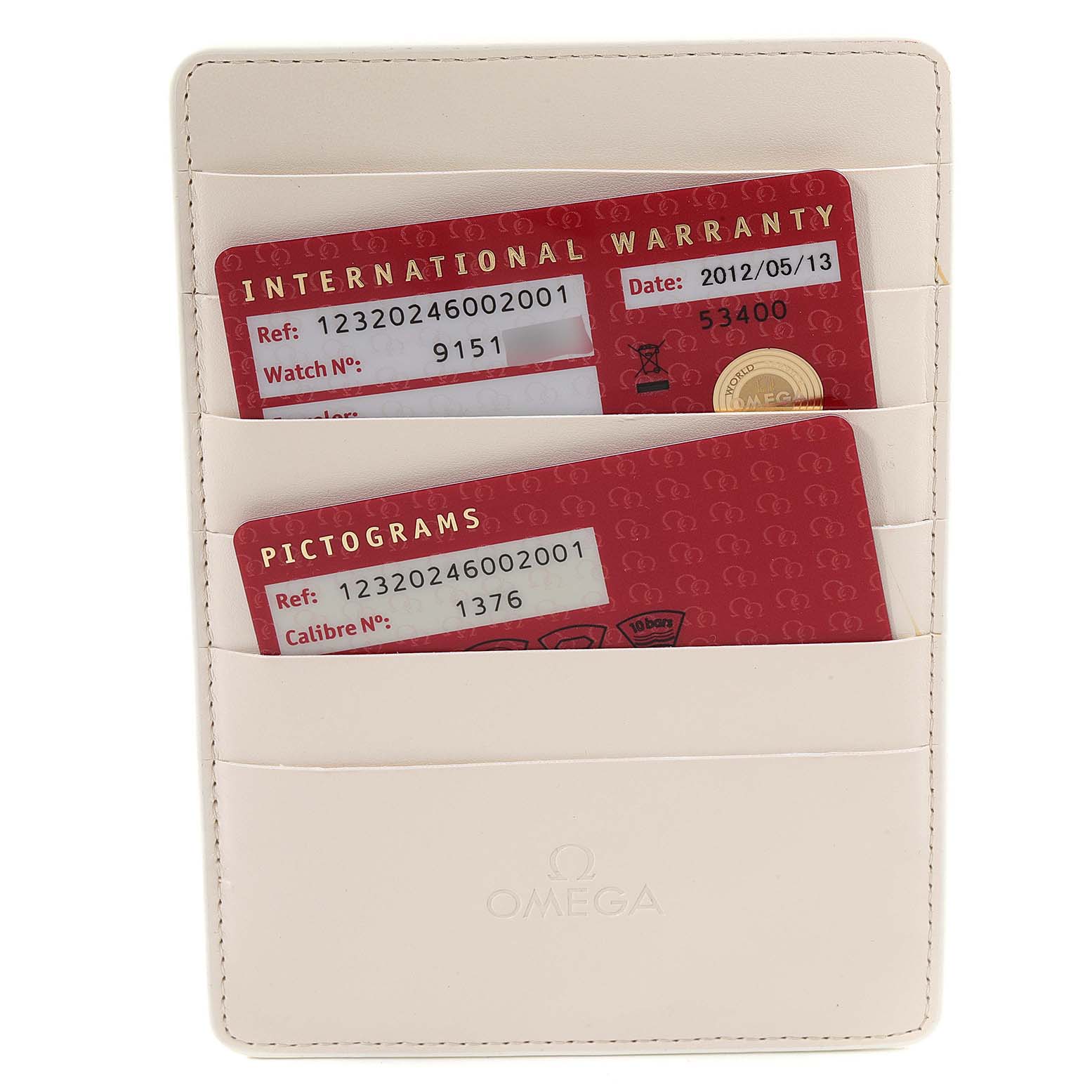 The image shows Omega 123.20.24.60.02.001 Women's Steel and Gold (two tone) Silver Dial 123.20.24.60.02.001 Women's Steel and Gold (two tone) Silver Dial Constellation Steel Rose Gold Ladies Watch model 123.20.24.60.02.001's warranty and pictograms cards in a cardholder.