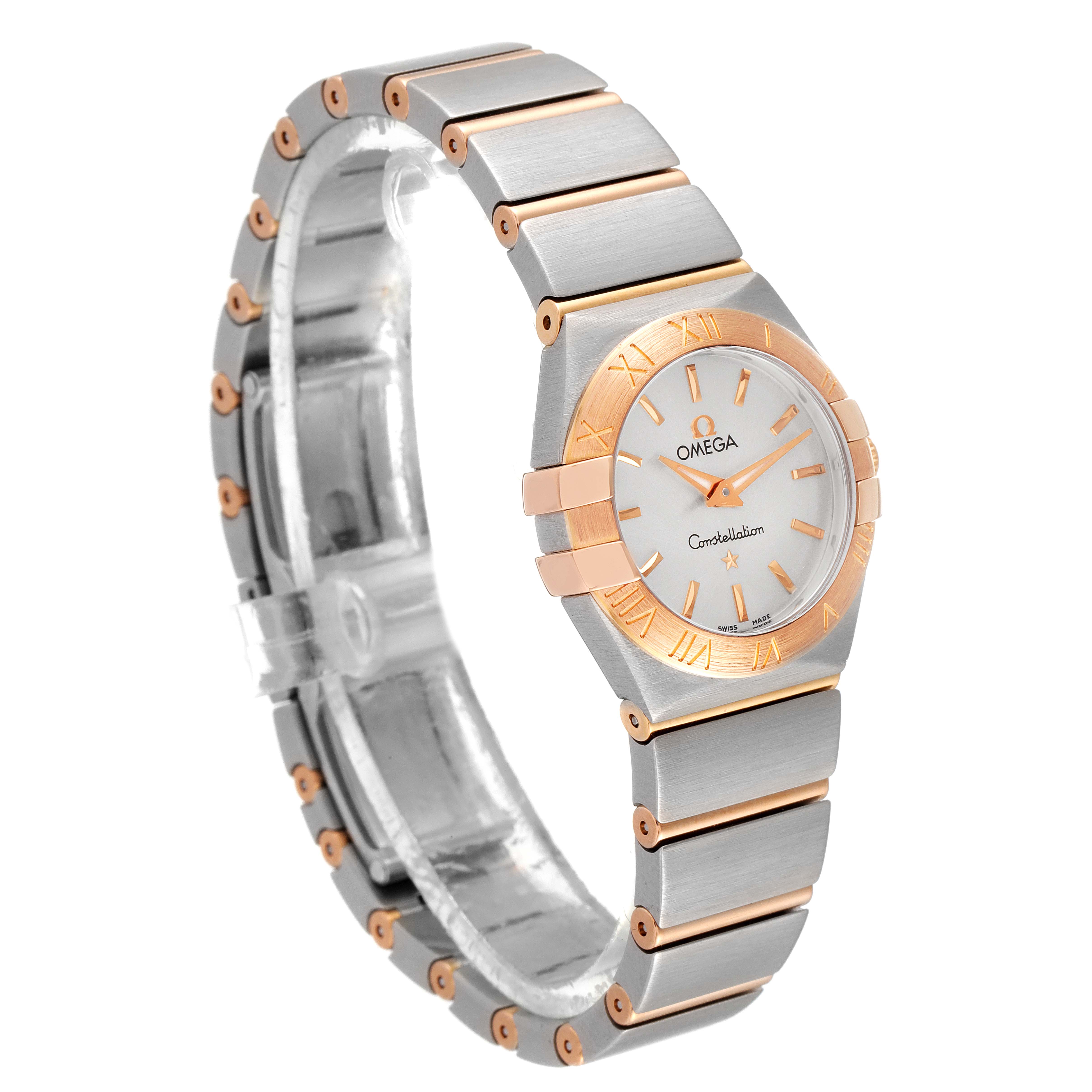 The Omega 123.20.24.60.02.001 Women's Steel and Gold (two tone) Silver Dial 123.20.24.60.02.001 Women's Steel and Gold (two tone) Silver Dial Constellation Steel Rose Gold Ladies Watch 123.20.24.60.02.001 is shown at a three-quarter front angle, displaying the bracelet and face.