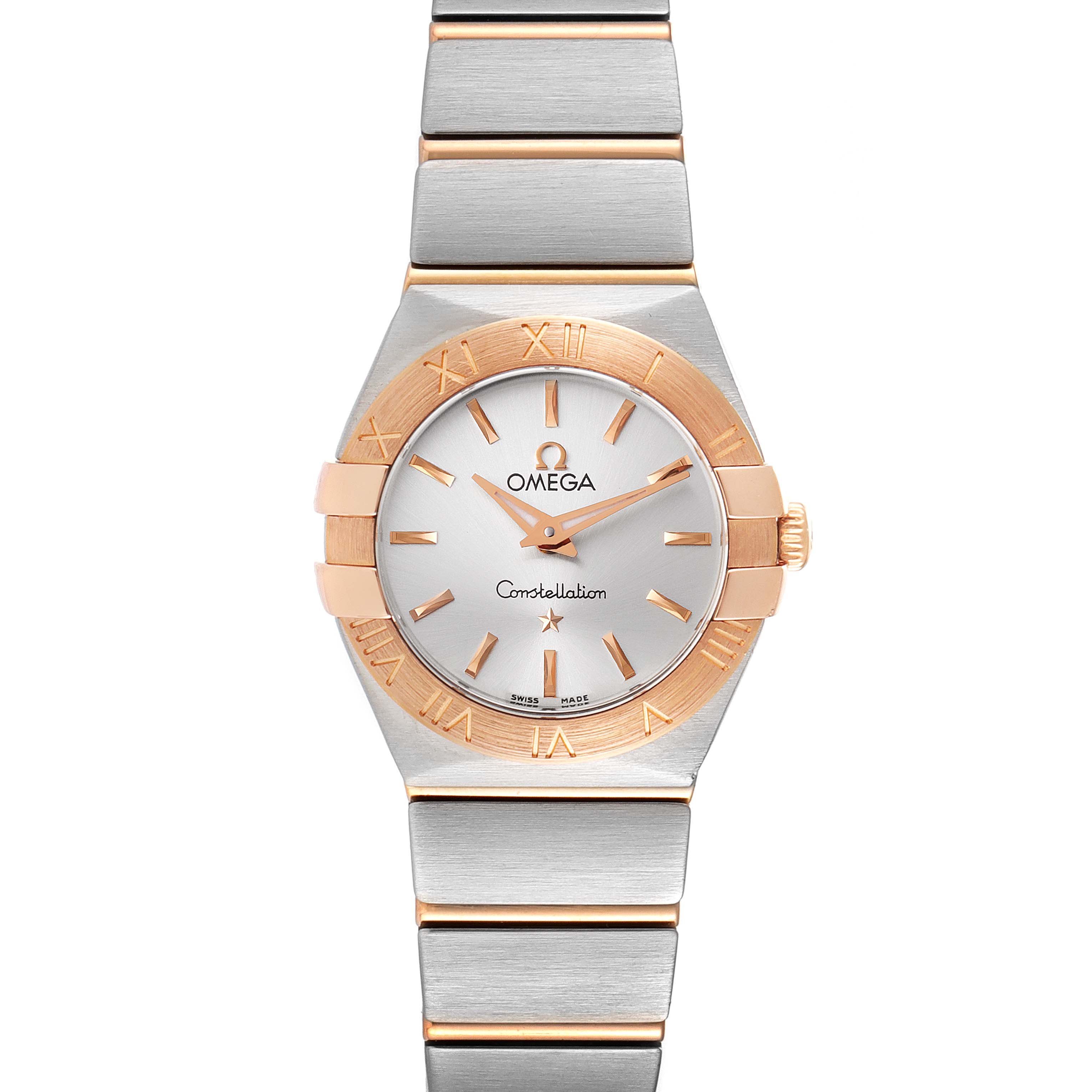 The image shows a front view of the Omega 123.20.24.60.02.001 Women's Steel and Gold (two tone) Silver Dial 123.20.24.60.02.001 Women's Steel and Gold (two tone) Silver Dial Constellation Steel Rose Gold Ladies Watch model 123.20.24.60.02.001.