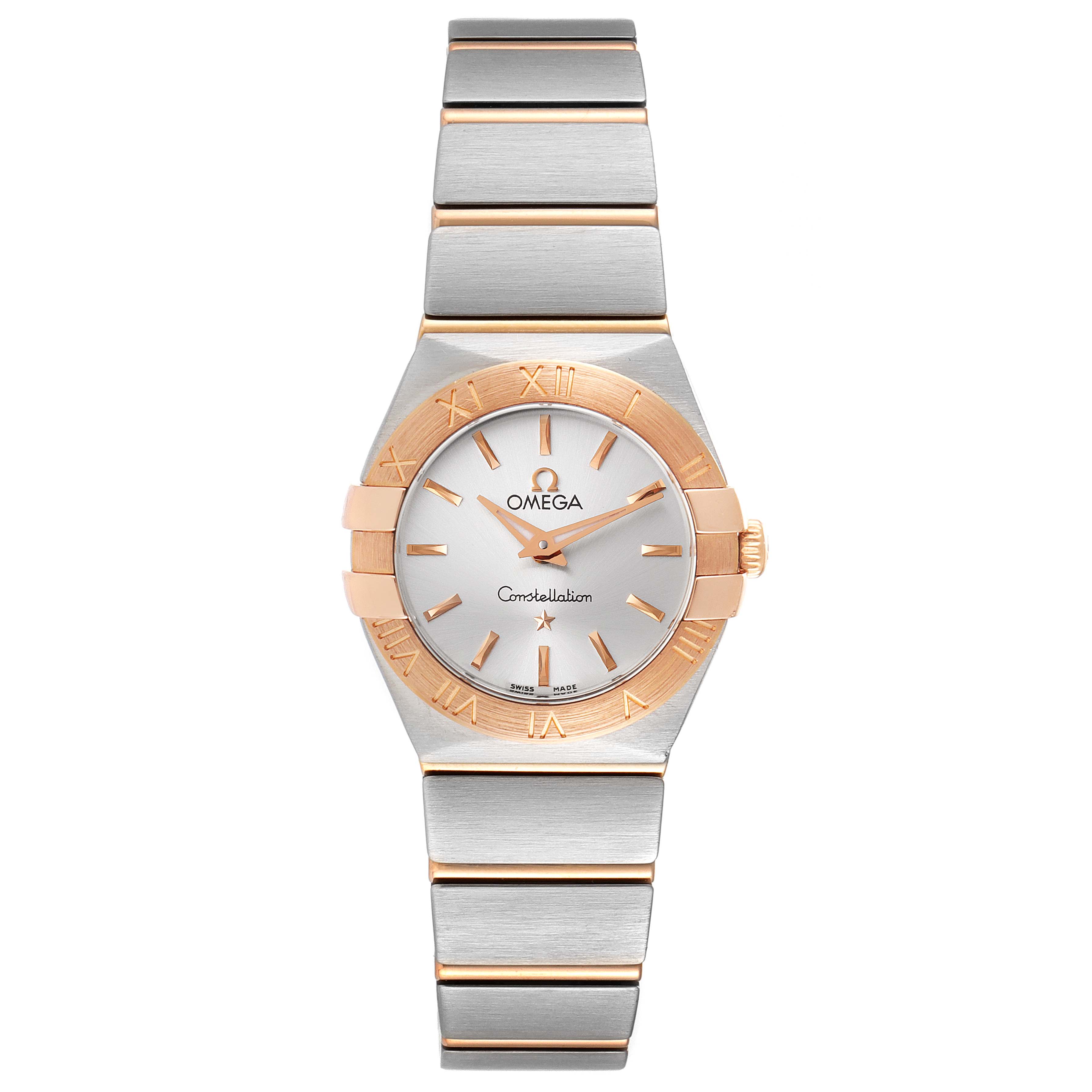 This image shows a front view of the Omega 123.20.24.60.02.001 Women's Steel and Gold (two tone) Silver Dial 123.20.24.60.02.001 Women's Steel and Gold (two tone) Silver Dial Constellation Steel Rose Gold Ladies Watch 123.20.24.60.02.001, displaying the face and bracelet.