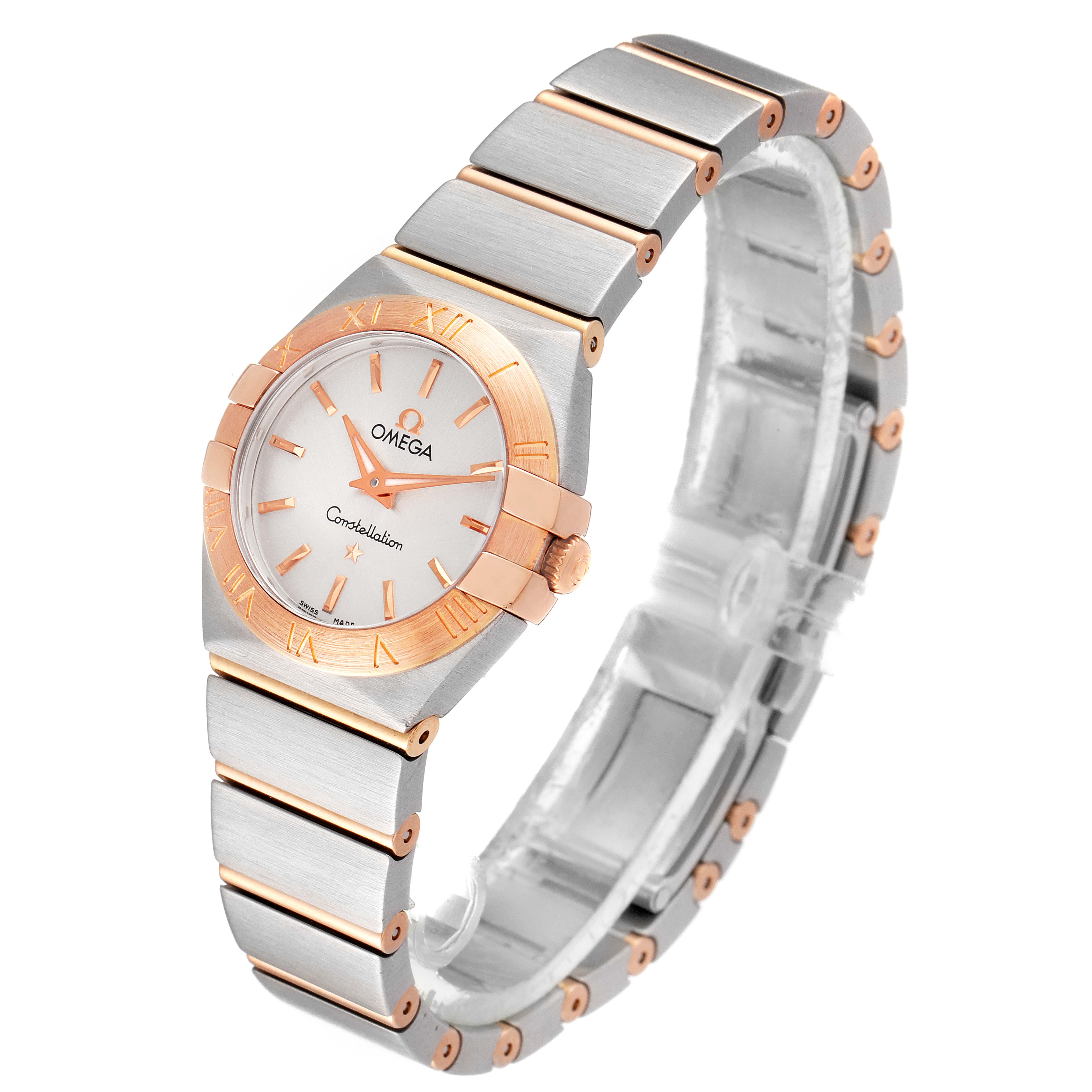 The Omega 123.20.24.60.02.001 Women's Steel and Gold (two tone) Silver Dial 123.20.24.60.02.001 Women's Steel and Gold (two tone) Silver Dial Constellation Steel Rose Gold Ladies Watch model 123.20.24.60.02.001 is shown at a front-side angle, highlighting its two-tone bracelet and bezel.