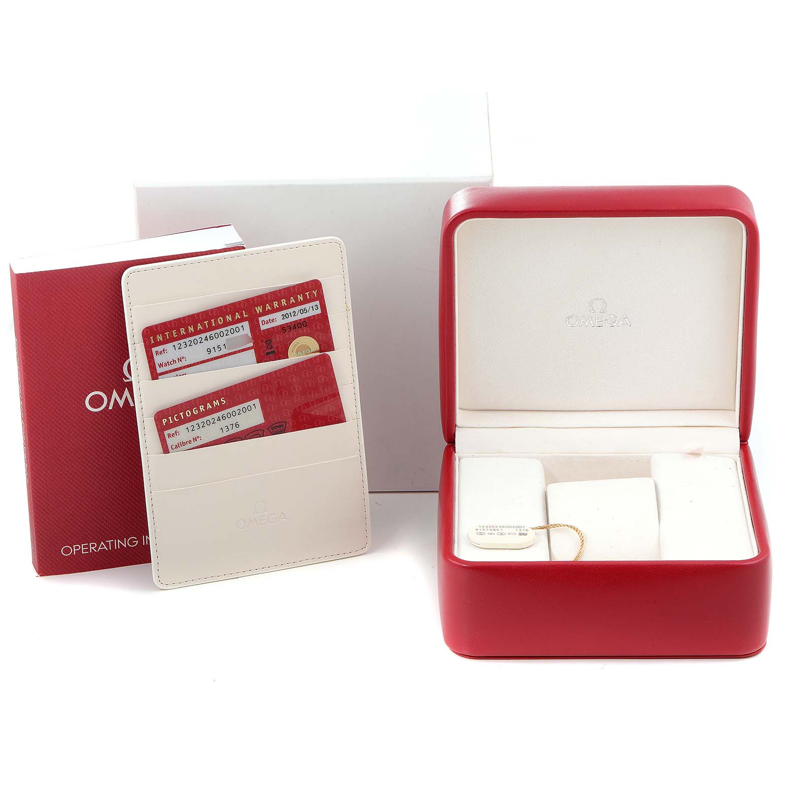 The Omega 123.20.24.60.02.001 Women's Steel and Gold (two tone) Silver Dial 123.20.24.60.02.001 Women's Steel and Gold (two tone) Silver Dial Constellation Steel Rose Gold Ladies Watch 123.20.24.60.02.001 is displayed with its red box, warranty cards, and manual.