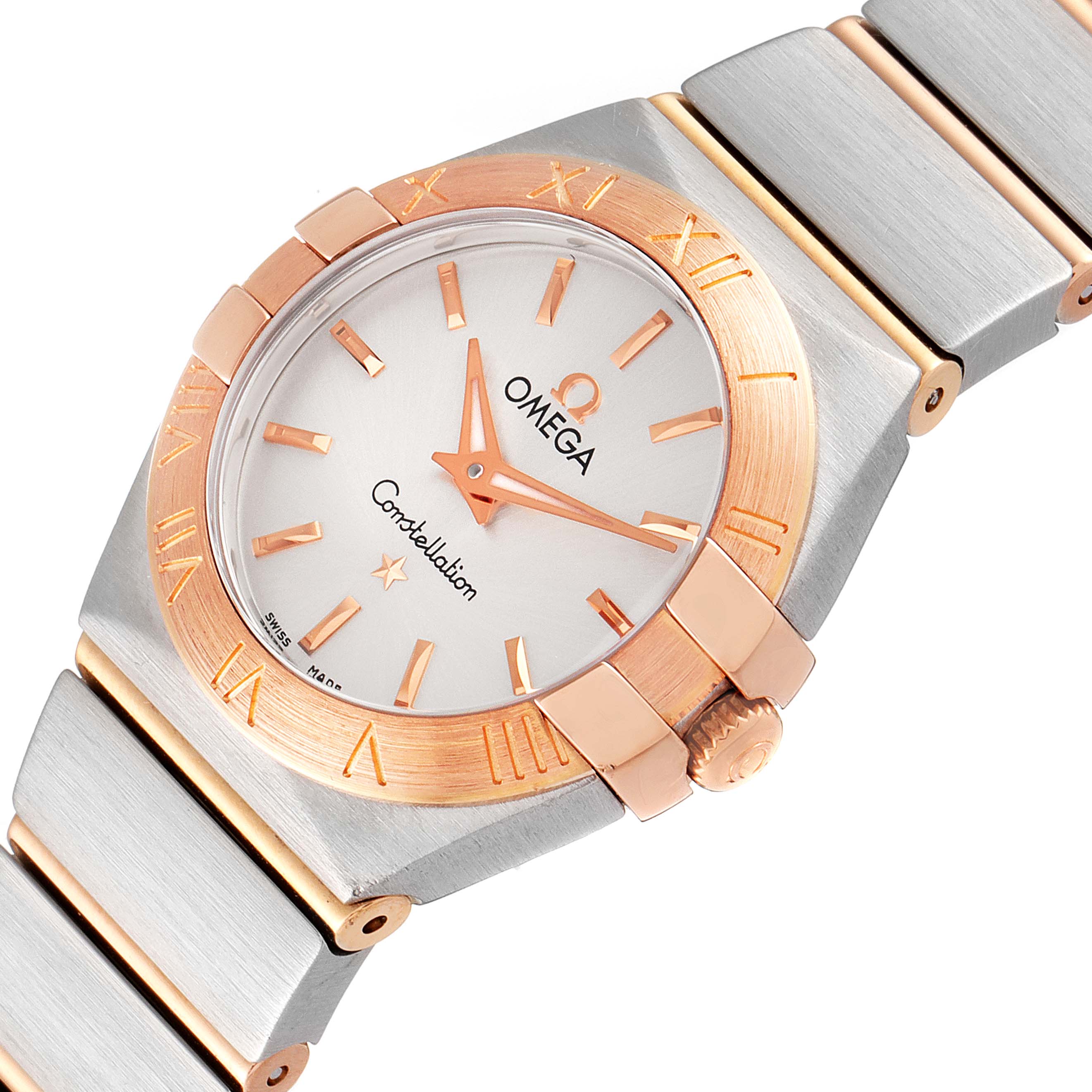 The image shows an angled view of the Omega 123.20.24.60.02.001 Women's Steel and Gold (two tone) Silver Dial 123.20.24.60.02.001 Women's Steel and Gold (two tone) Silver Dial Constellation Steel Rose Gold Ladies Watch 123.20.24.60.02.001, highlighting its face and bracelet.
