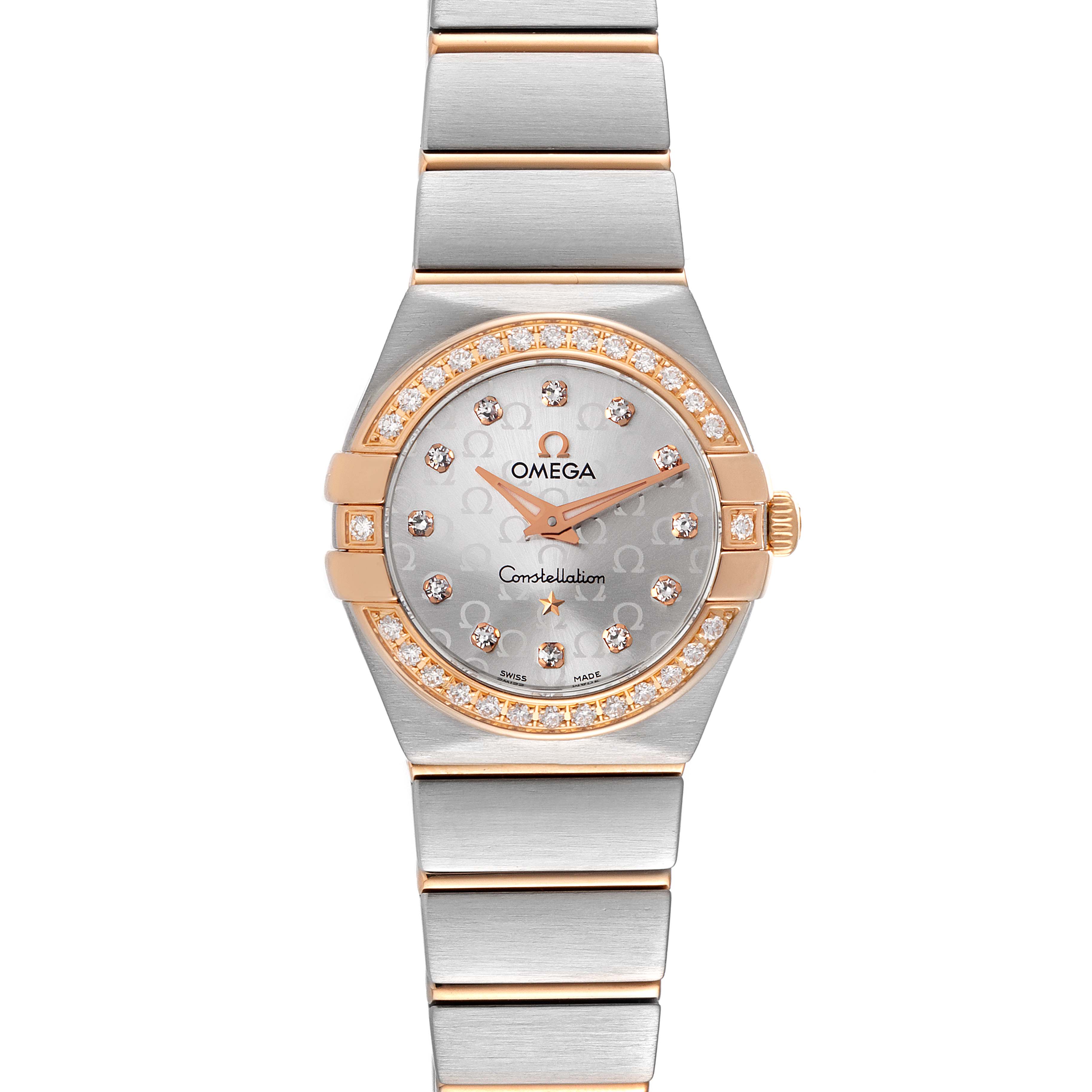 The image shows a front view of an Omega 123.25.24.60.55.009 Women's Steel and Gold (two tone) Silver Dial 123.25.24.60.55.009 Women's Steel and Gold (two tone) Silver Dial Constellation Steel Yellow Gold Diamond Ladies Watch, model 123.25.24.60.55.009.
