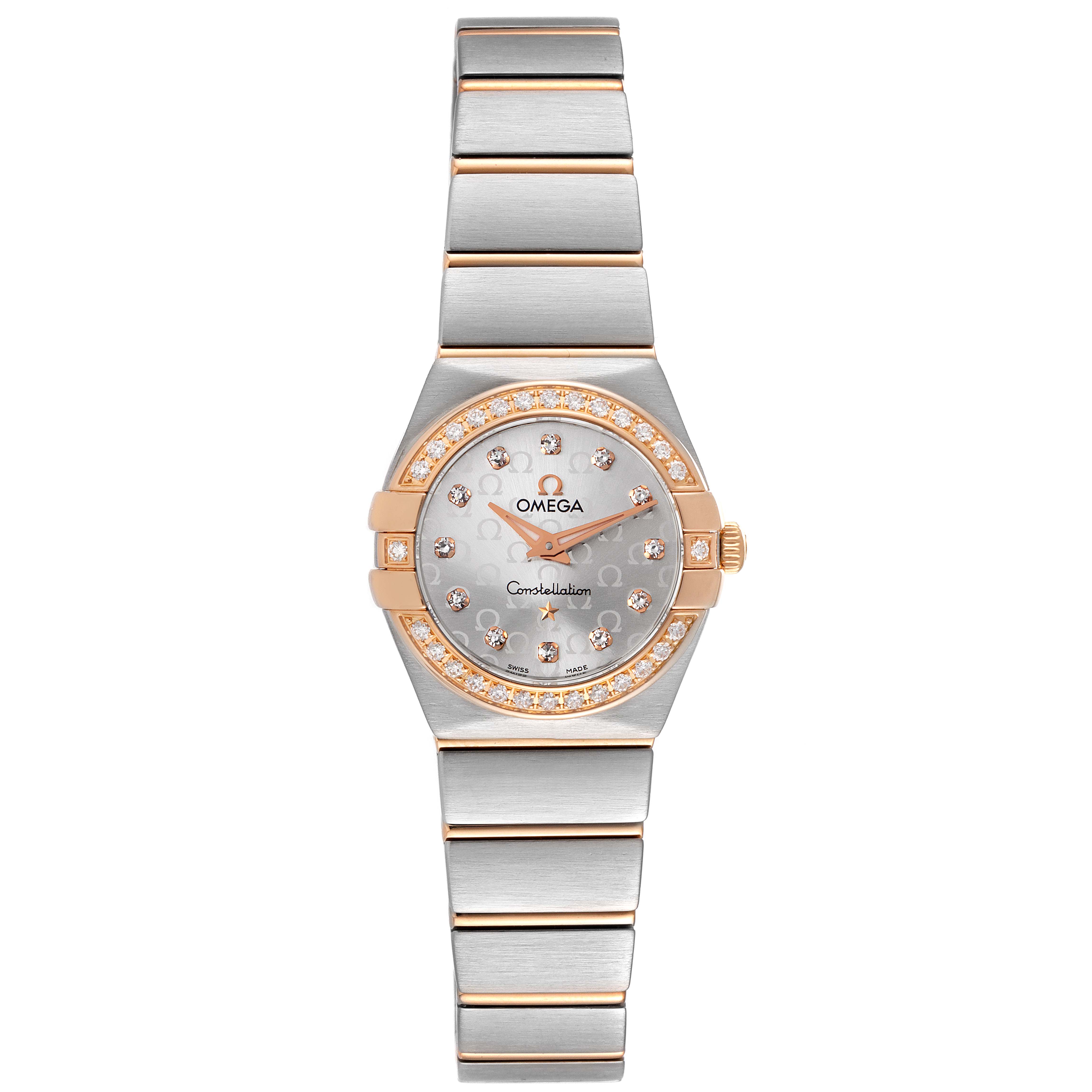 The front angle of the Omega 123.25.24.60.55.009 Women's Steel and Gold (two tone) Silver Dial 123.25.24.60.55.009 Women's Steel and Gold (two tone) Silver Dial Constellation Steel Yellow Gold Diamond Ladies Watch 123.25.24.60.55.009 is shown.