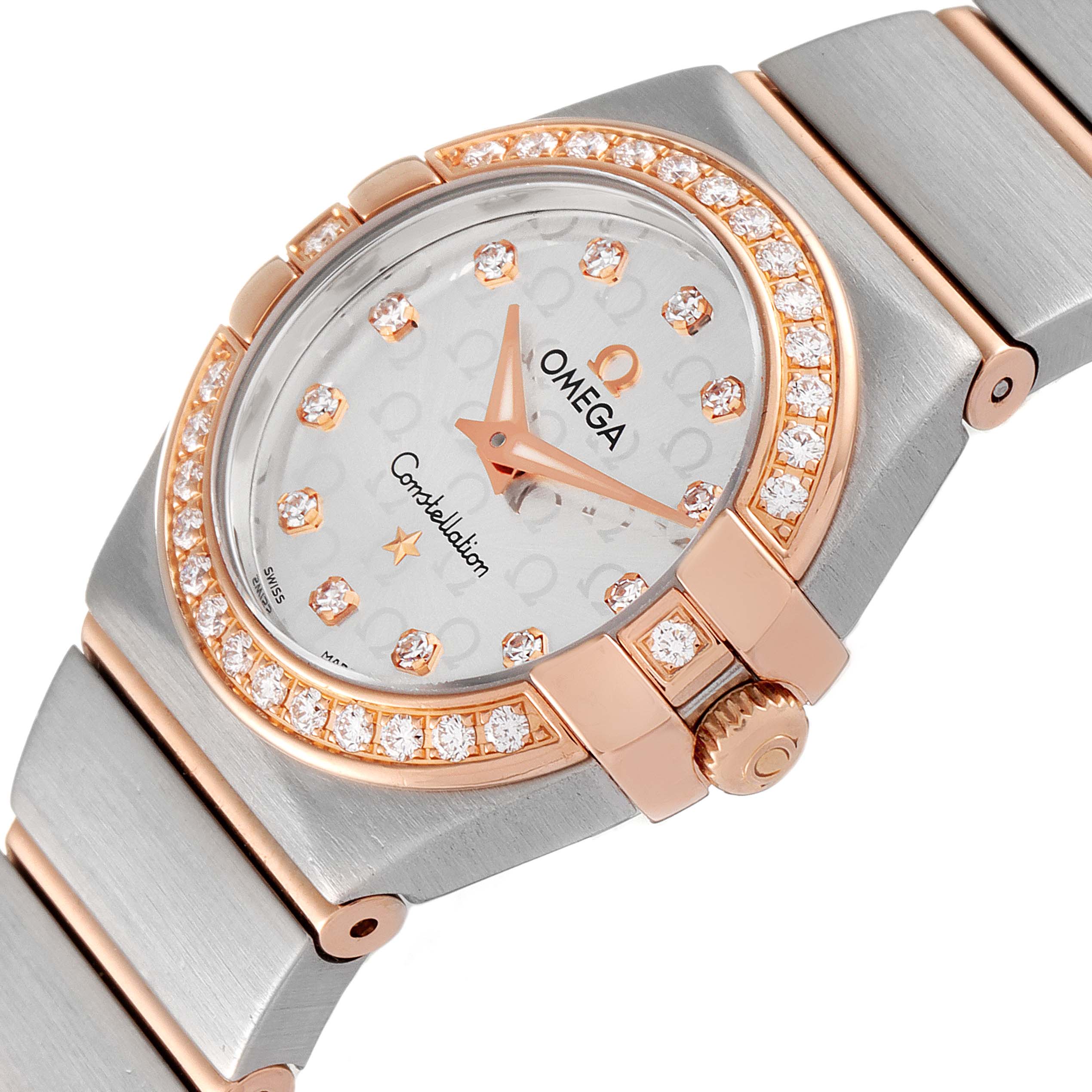 The image shows a close-up view of the Omega 123.25.24.60.55.009 Women's Steel and Gold (two tone) Silver Dial 123.25.24.60.55.009 Women's Steel and Gold (two tone) Silver Dial Constellation Steel Yellow Gold Diamond Ladies Watch 123.25.24.60.55.009, highlighting the dial and bezel.