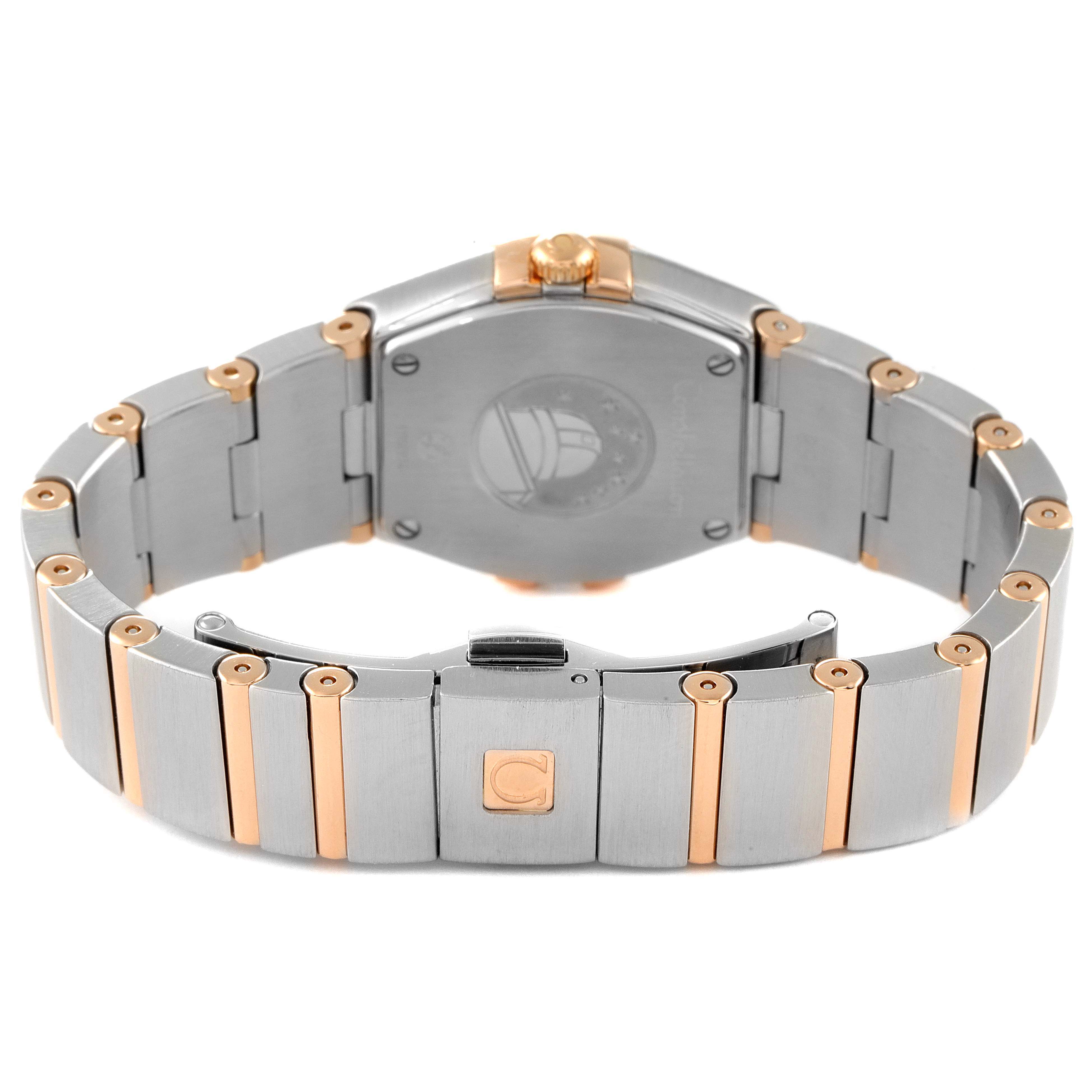 This image shows the bracelet and clasp of the Omega 123.25.24.60.55.009 Women's Steel and Gold (two tone) Silver Dial 123.25.24.60.55.009 Women's Steel and Gold (two tone) Silver Dial Constellation Steel Yellow Gold Diamond Ladies Watch 123.25.24.60.55.009 from the back.