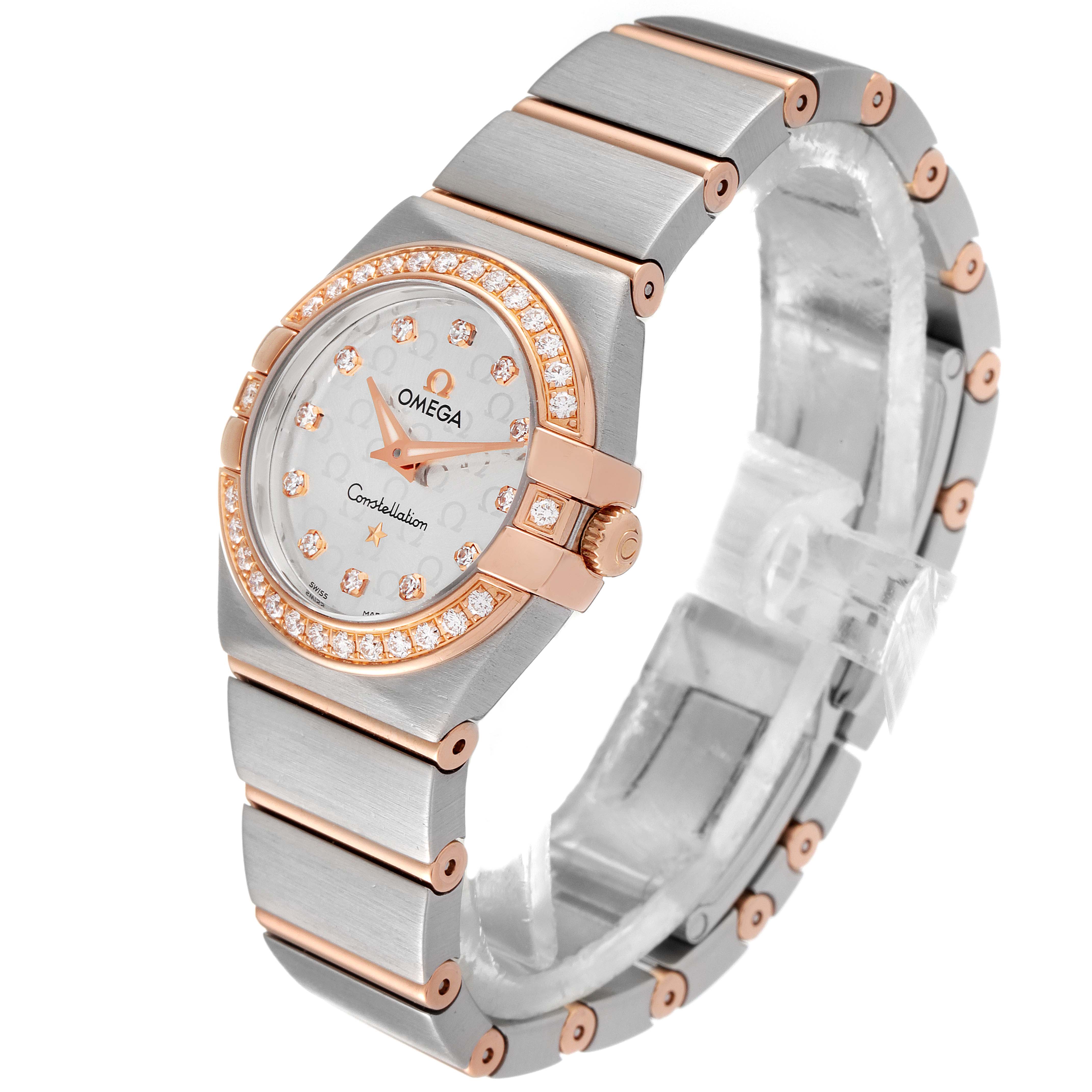The image shows the Omega 123.25.24.60.55.009 Women's Steel and Gold (two tone) Silver Dial 123.25.24.60.55.009 Women's Steel and Gold (two tone) Silver Dial Constellation Steel Yellow Gold Diamond Ladies Watch model 123.25.24.60.55.009 at an angled side view.