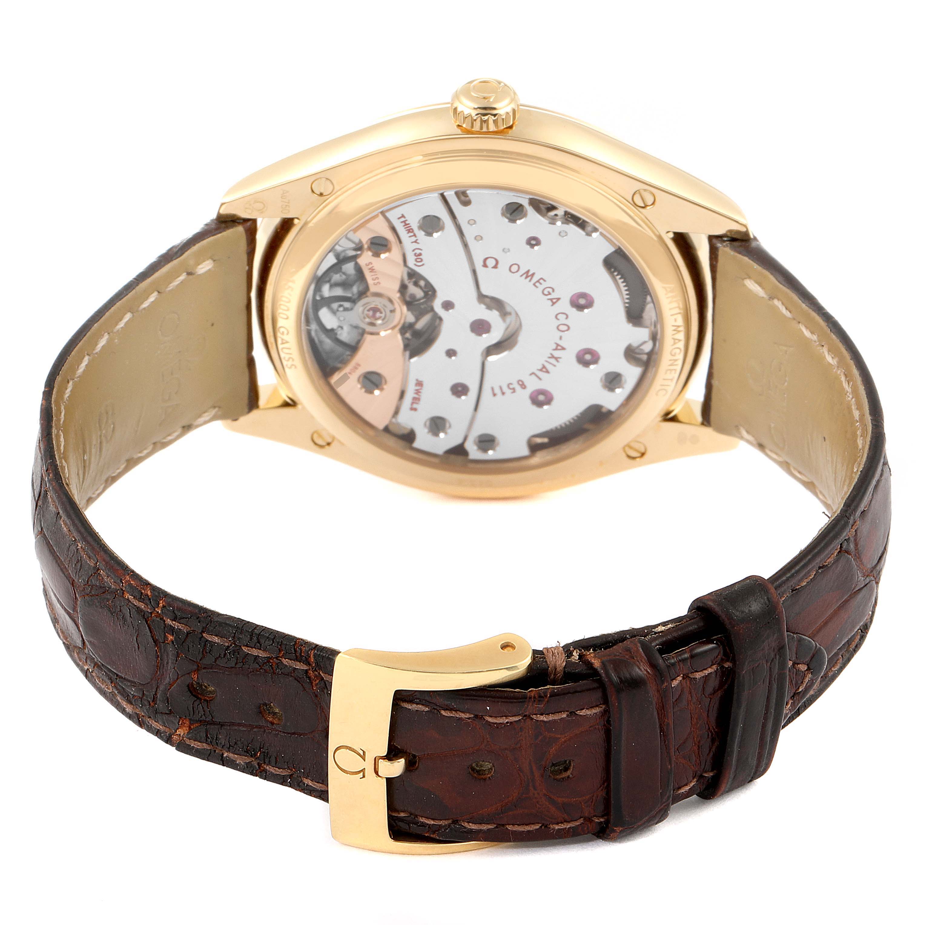 The image shows the back view of an Omega De Ville 432.53.40.21.02.001 Men's Yellow Gold Silver Dial 432.53.40.21.02.001 Men's Yellow Gold Silver Dial watch, highlighting the movement mechanism and brown leather strap.