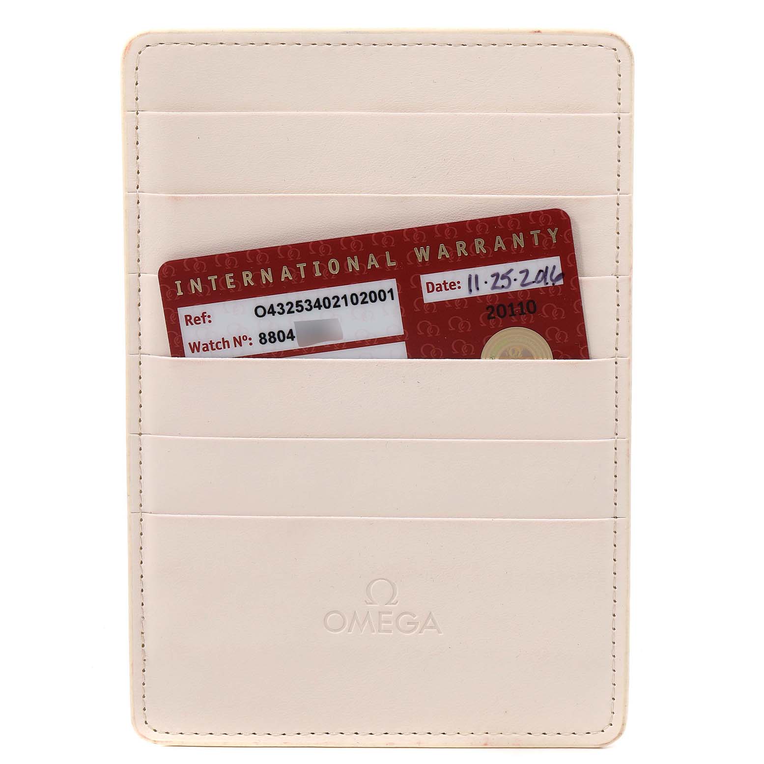 The image shows an Omega De Ville 432.53.40.21.02.001 Men's Yellow Gold Silver Dial 432.53.40.21.02.001 Men's Yellow Gold Silver Dial warranty card in a leather cardholder.