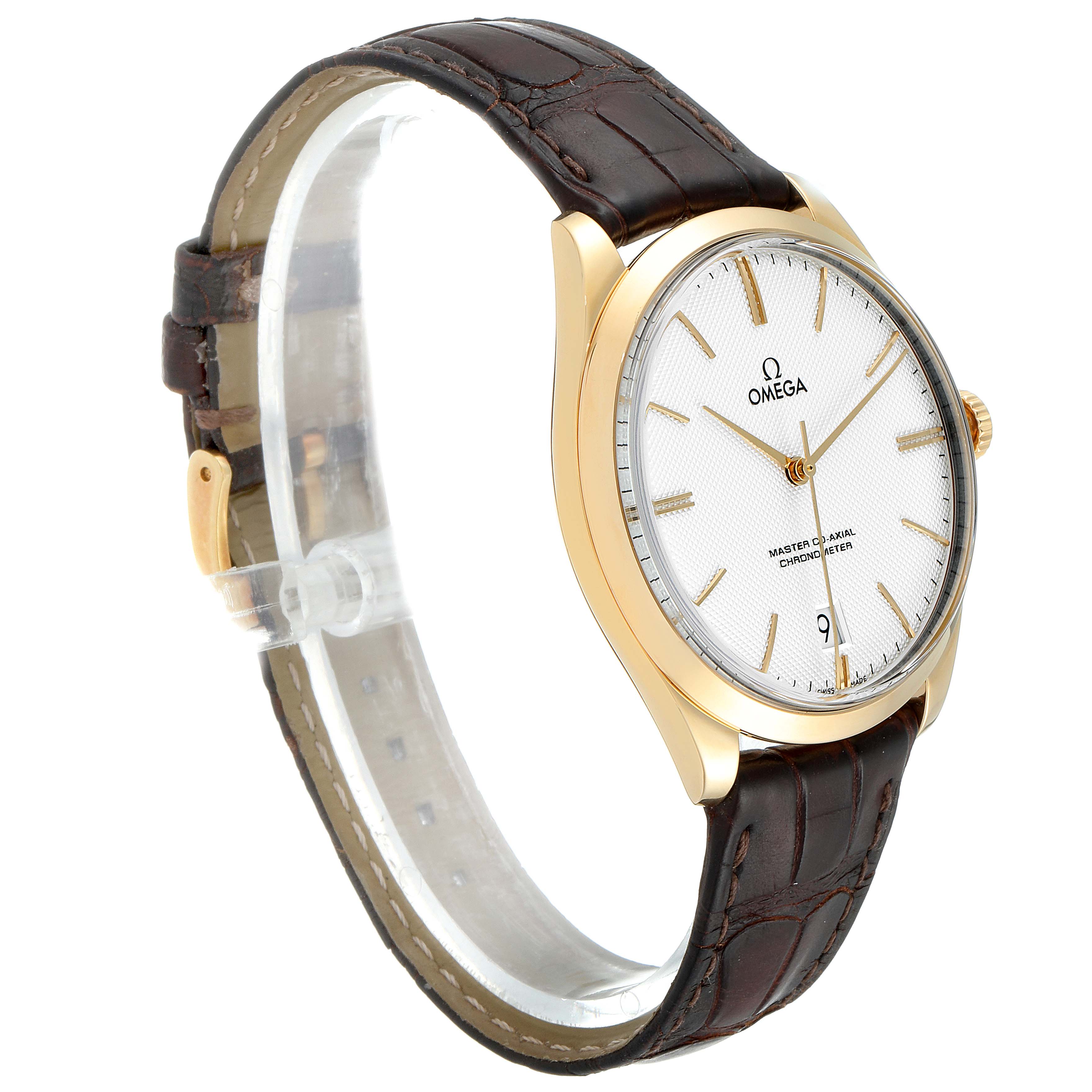 The image shows a side-angle view of an Omega De Ville 432.53.40.21.02.001 Men's Yellow Gold Silver Dial 432.53.40.21.02.001 Men's Yellow Gold Silver Dial watch with a gold case, white dial, and brown leather strap.