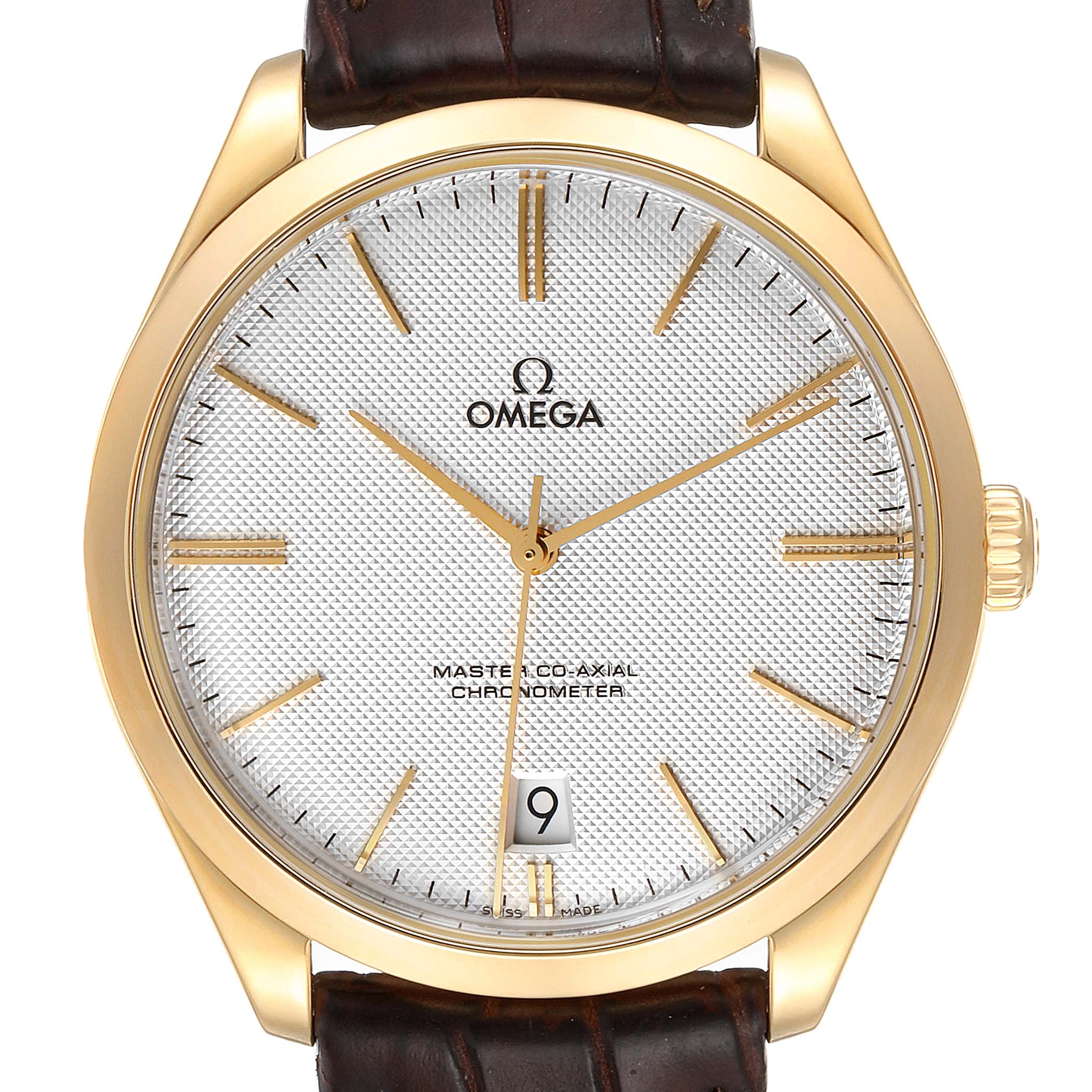 The image shows a front view of the Omega De Ville 432.53.40.21.02.001 Men's Yellow Gold Silver Dial 432.53.40.21.02.001 Men's Yellow Gold Silver Dial watch, featuring a gold case, silver textured dial, gold hands, and a date window.
