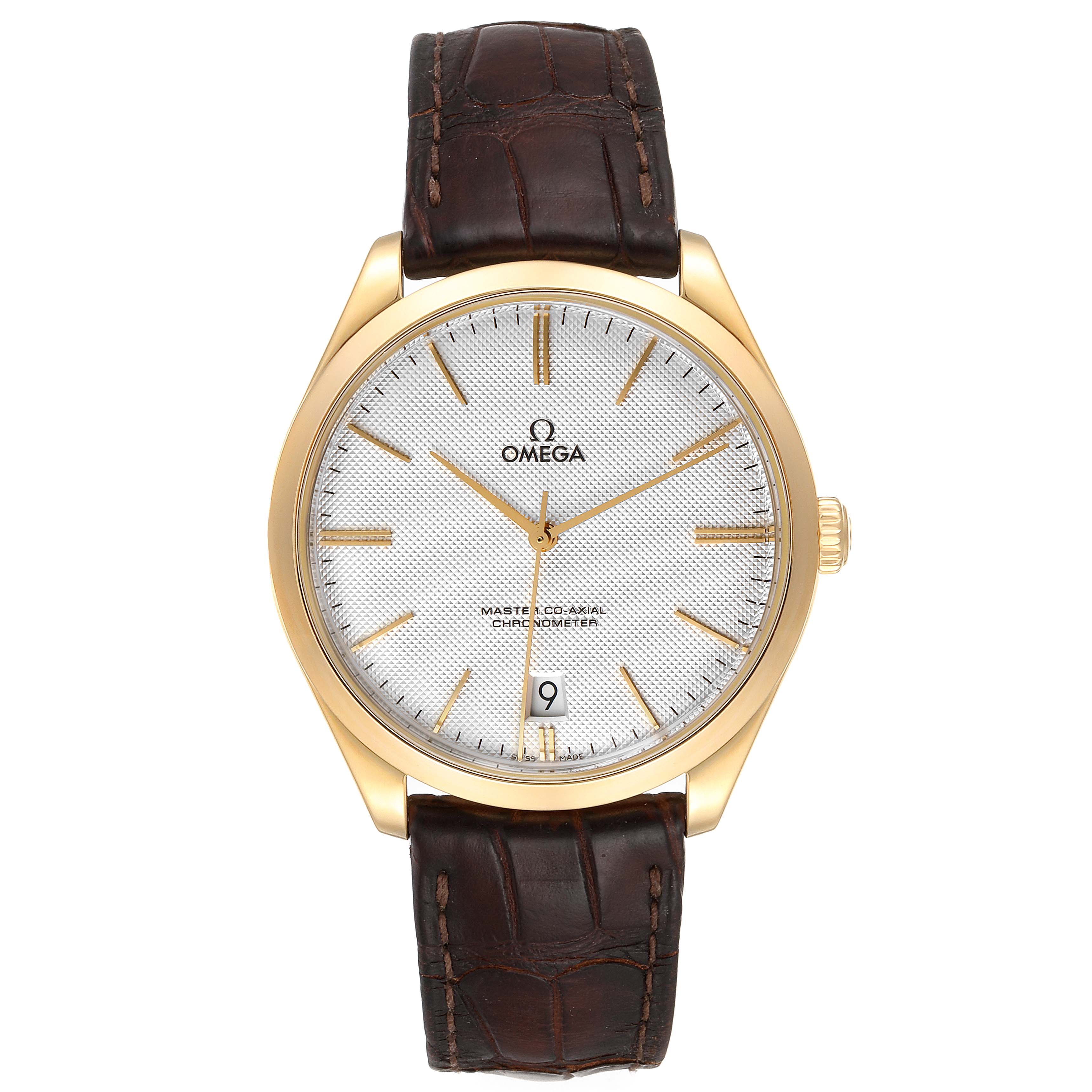 This image shows a front view of an Omega De Ville 432.53.40.21.02.001 Men's Yellow Gold Silver Dial 432.53.40.21.02.001 Men's Yellow Gold Silver Dial watch with a brown leather strap and gold case.