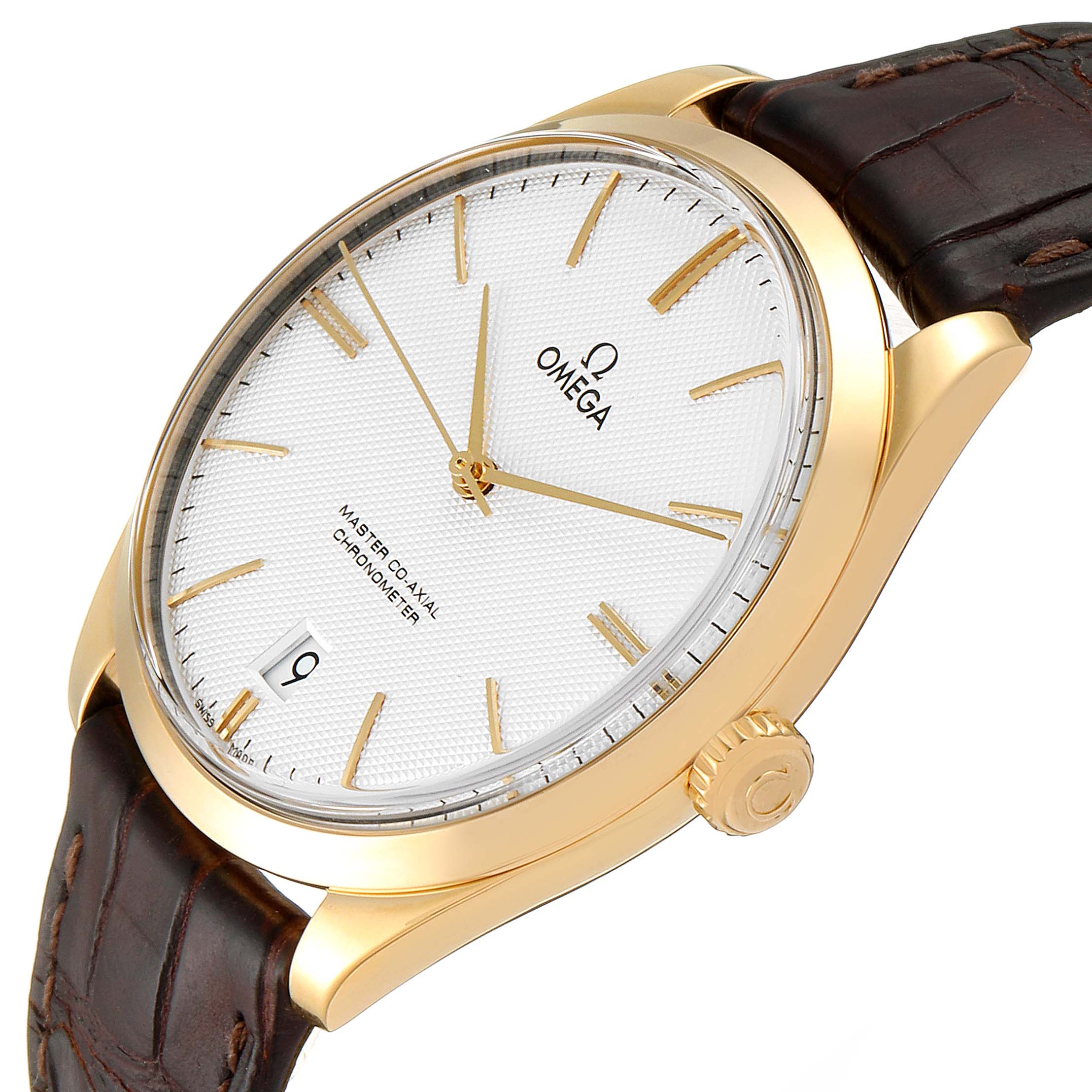 The image shows a De Ville model by Omega from an angled, close-up view, highlighting the dial, hour markers, crown, and leather strap.