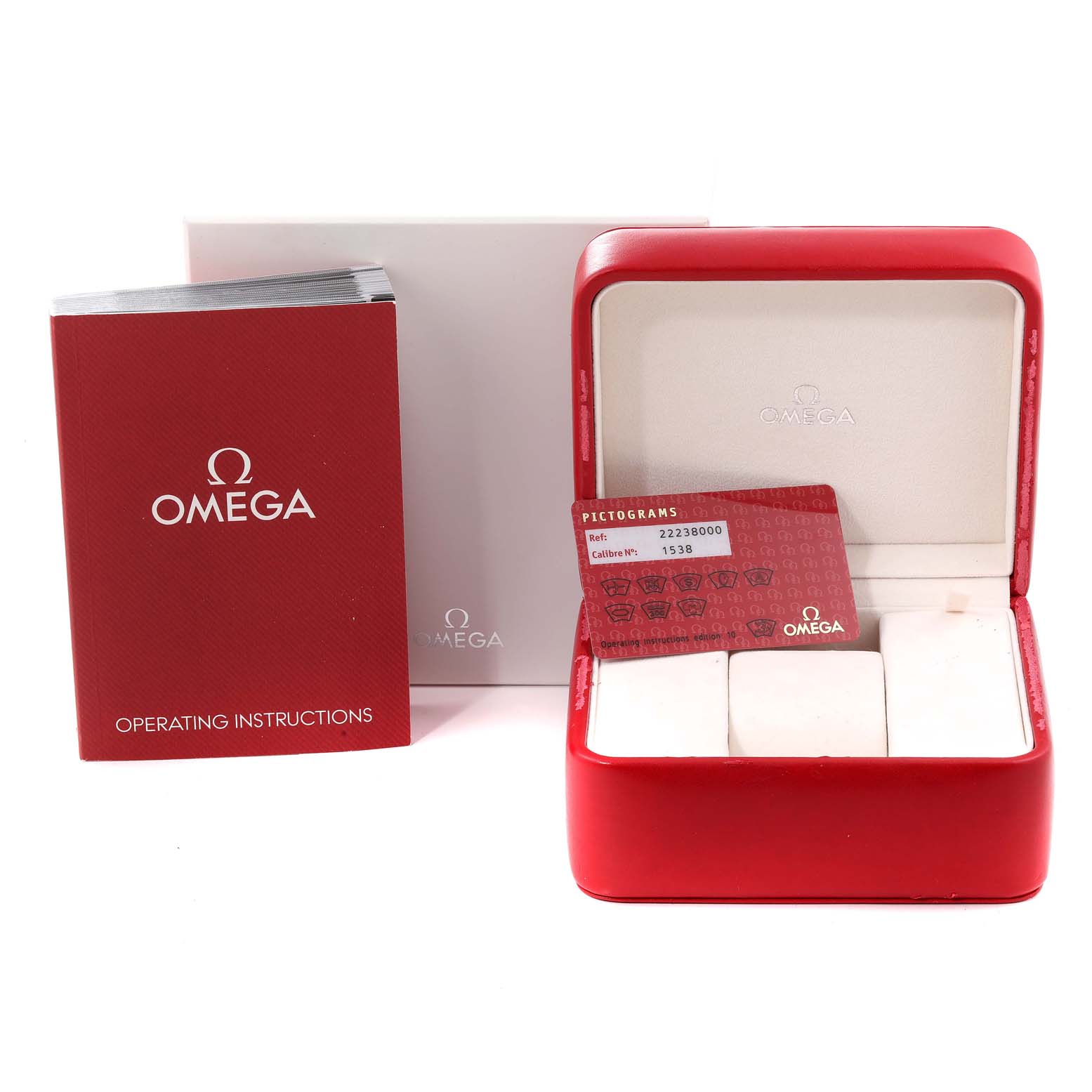 The image shows an Omega Seamaster 2223.80.00 Men
s Stainless Steel Blue Dial 2223.80.00 Men
s Stainless Steel Blue Dial watch box, operating instructions, and a warranty card.