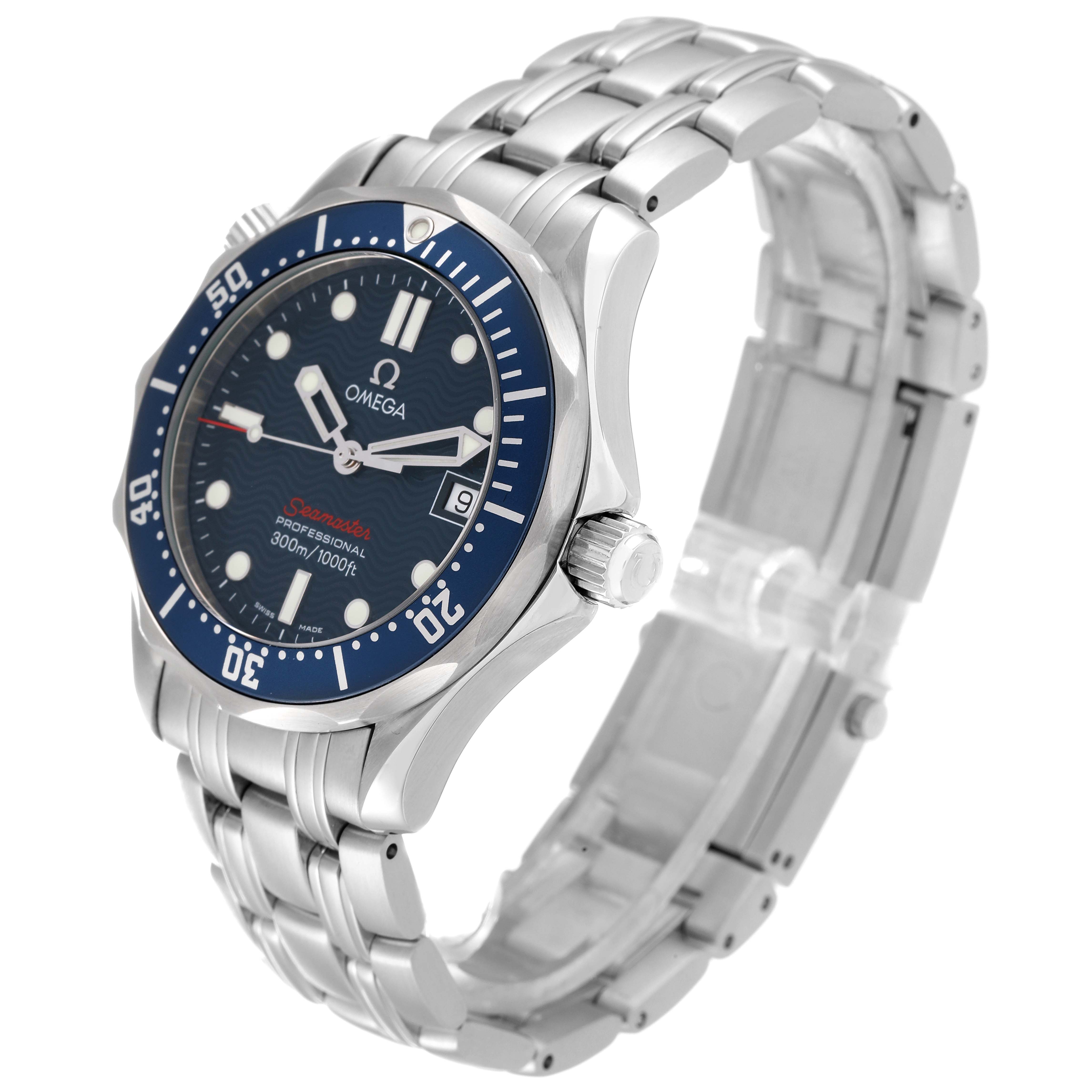 The image shows an Omega Seamaster 2223.80.00 Men
s Stainless Steel Blue Dial 2223.80.00 Men
s Stainless Steel Blue Dial watch at a 3/4 angle, highlighting the face, bezel, crown, and stainless steel bracelet.